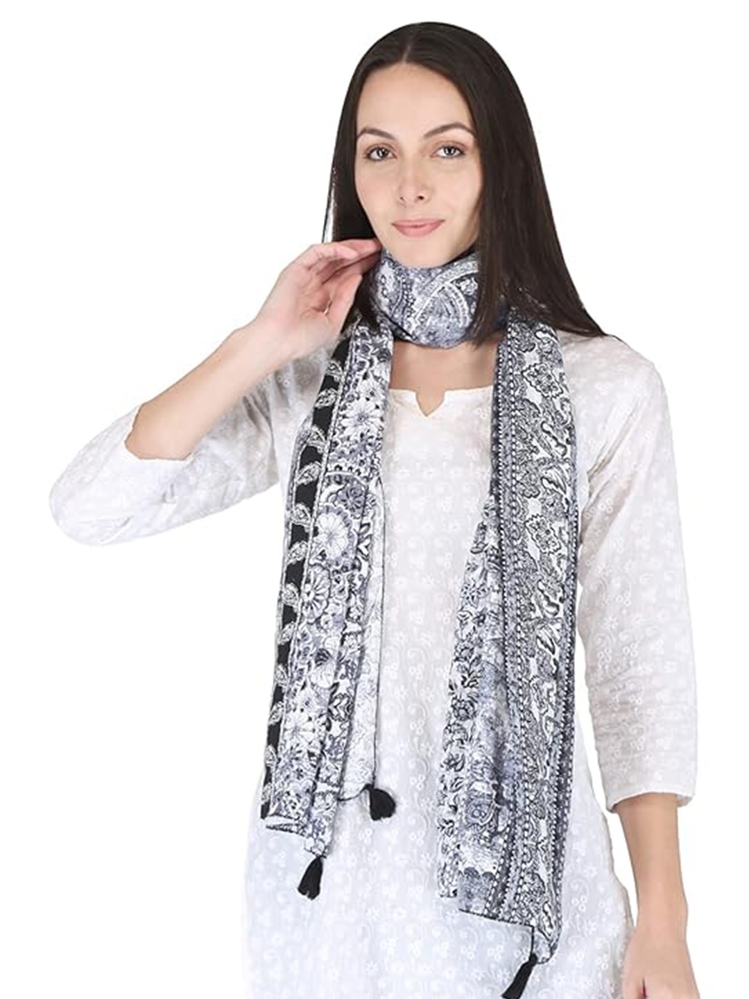 

SWITCHON Geometric Printed Tasselled Border Stole, White