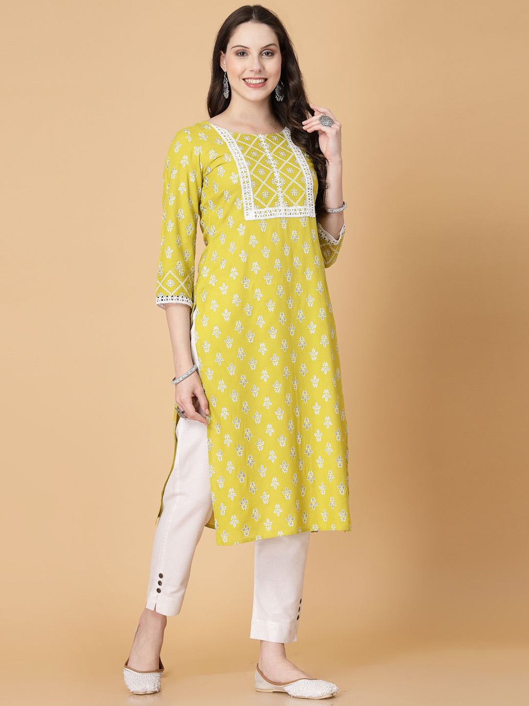 

God Bless Ethnic Motifs Yoke Design Flared Sleeves Thread Work Kurta, Mustard