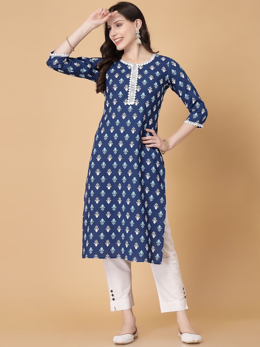 

God Bless Round Neck Ethnic Motifs Printed Indigo Kurta, Blue