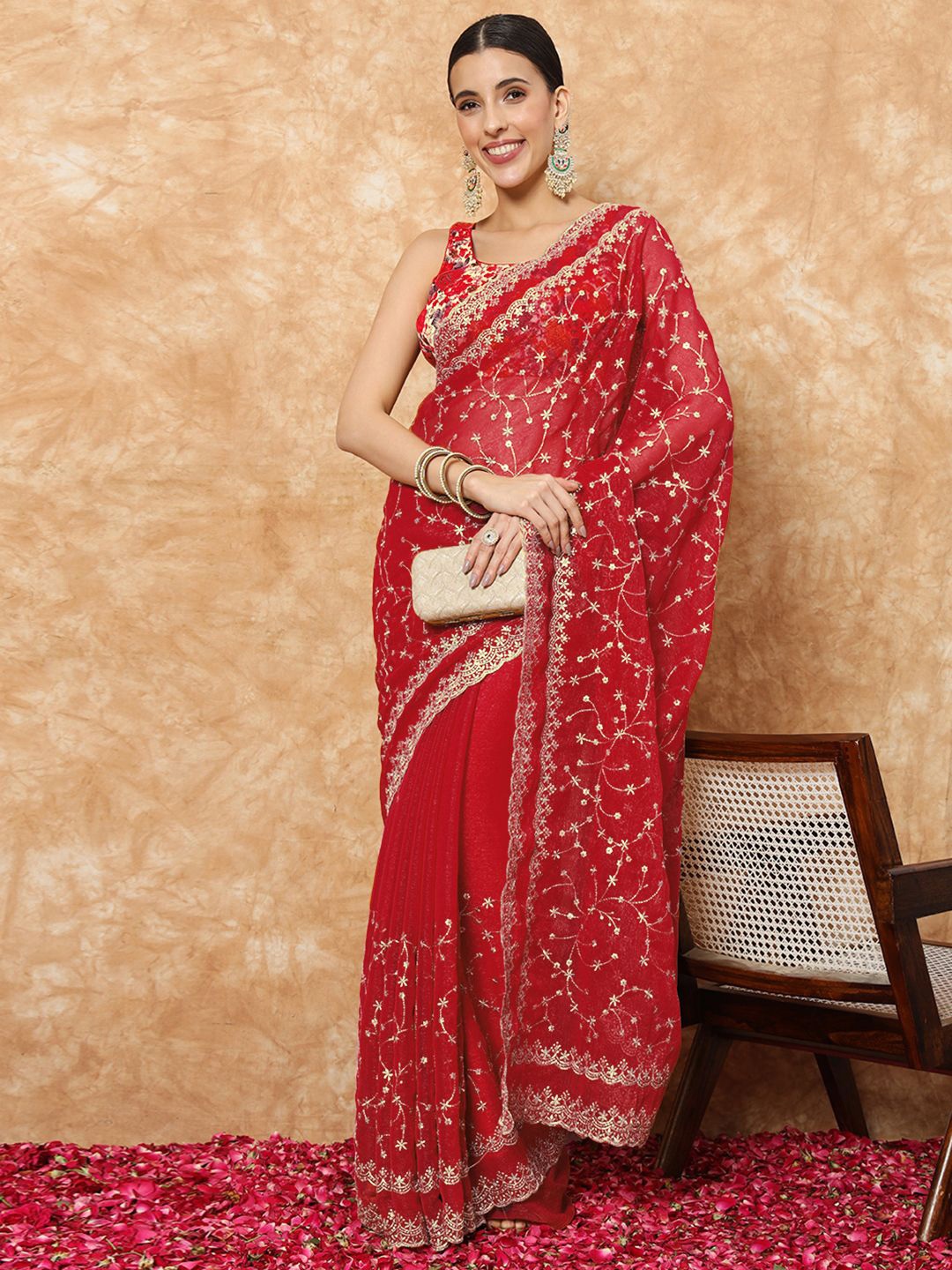 

Chhabra 555 Ethnic Motifs Sequinned Saree, Red