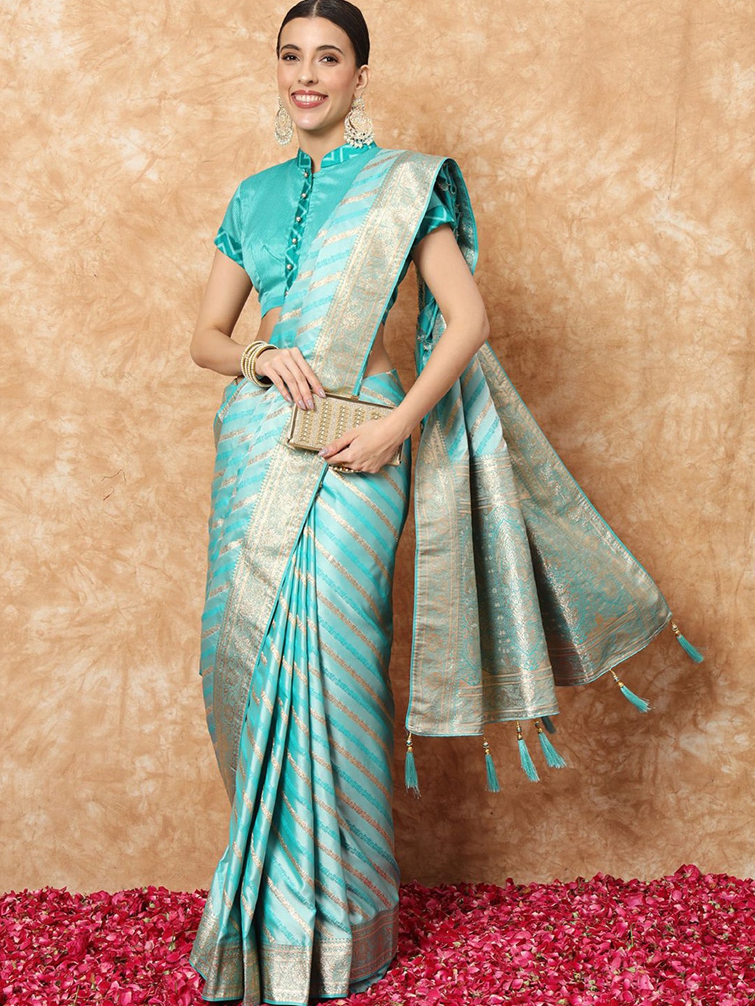 

Chhabra 555 Striped Zari Banarasi Saree, Turquoise blue