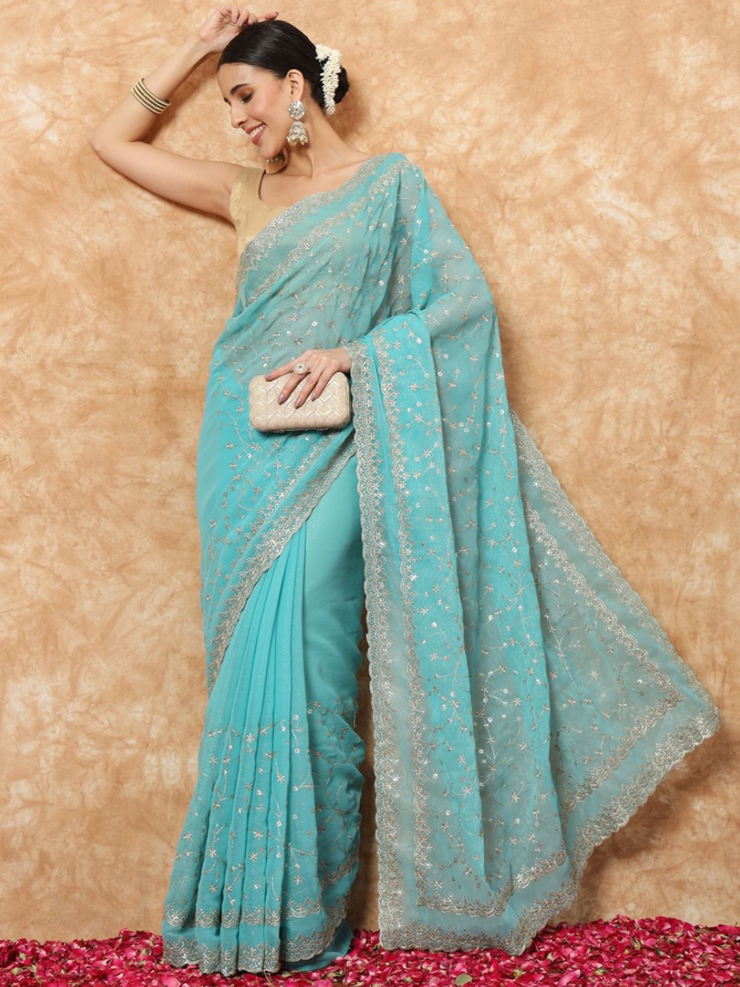 

Chhabra 555 Floral Sequinned Saree, Turquoise blue