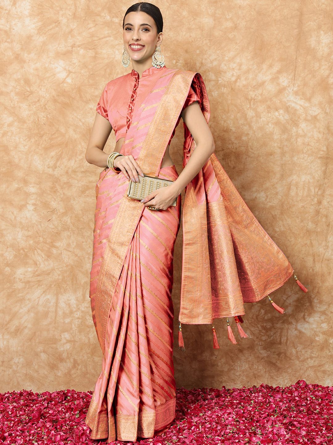 

Chhabra 555 Striped Zari Banarasi Saree, Pink