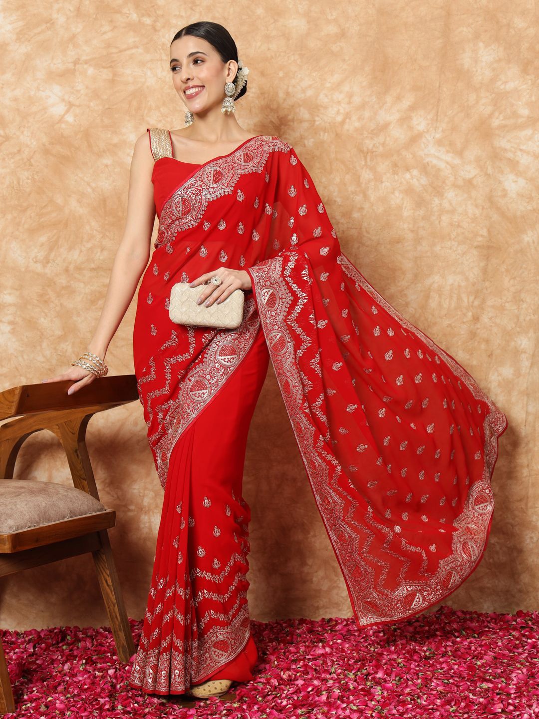 

Chhabra 555 Ethnic Motifs Embroidered Bridal Saree, Red