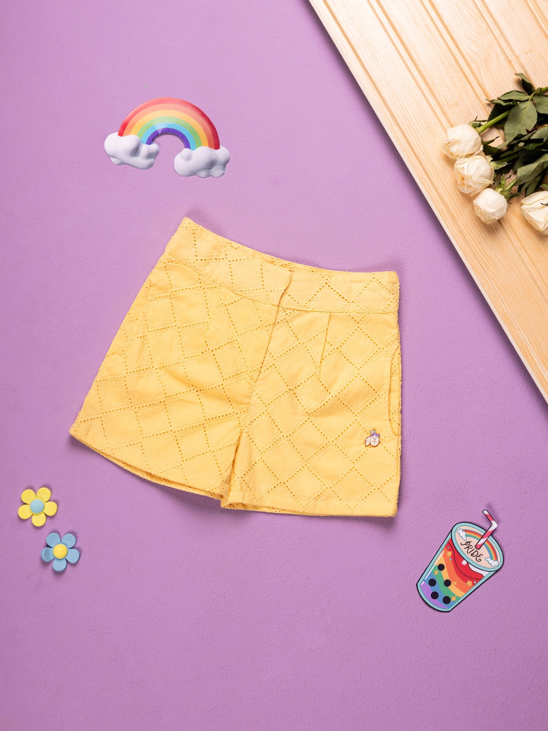 

Purple United Kids Girls Self Designed Mid Rise Cotton Shorts, Yellow