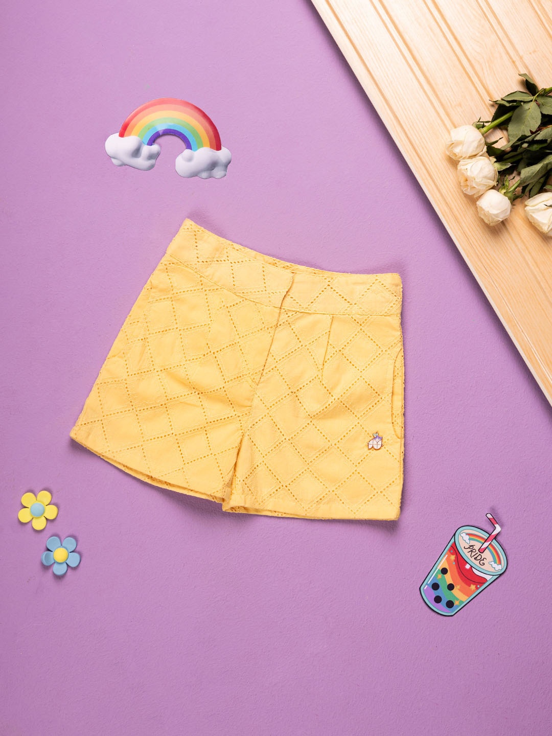 

Purple United Kids Self Design Mid-Rise Cotton Shorts, Yellow