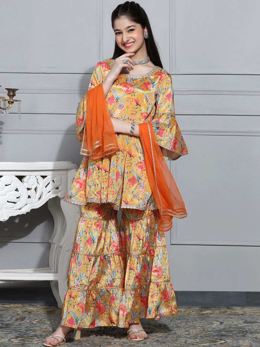 

Cherry & Jerry Girls Floral PPrinted A-Line Gotta Patti Kurta ,Sharara & Dupatta, Yellow