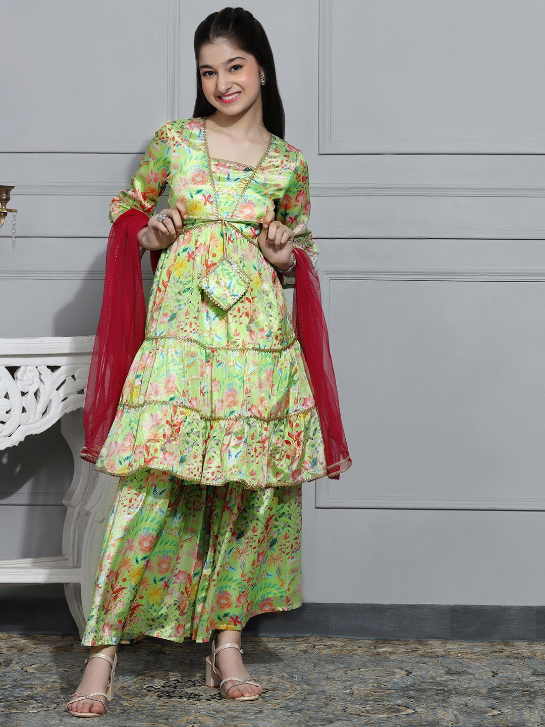 

Cherry & Jerry Girls Ethnic Motifs Printed Tiered Gotta Patti Kurta with Sharara, Green