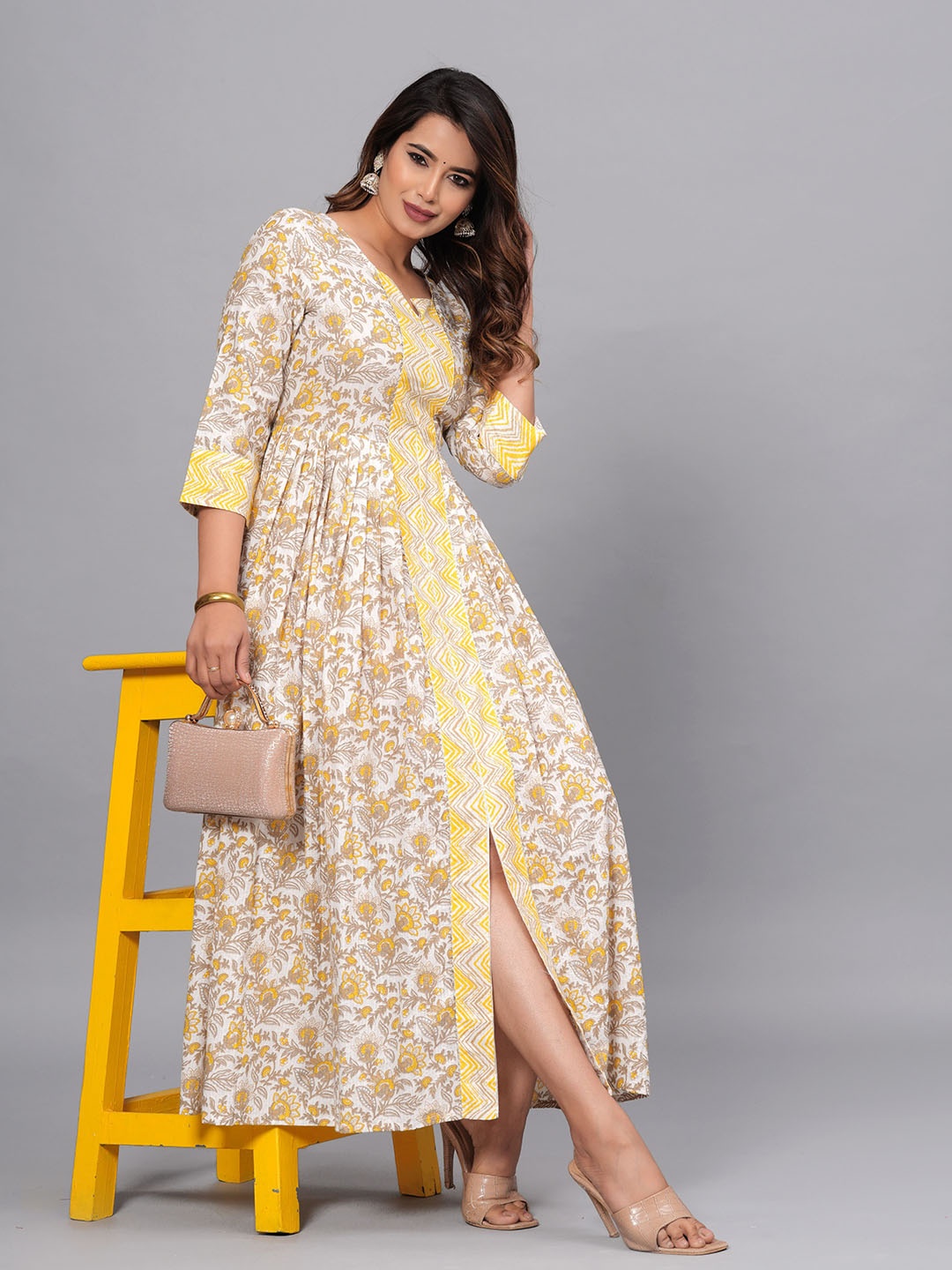 

KALINI Floral Printed Three Quarter Sleeves Cotton Anarkali Kurta, Mustard