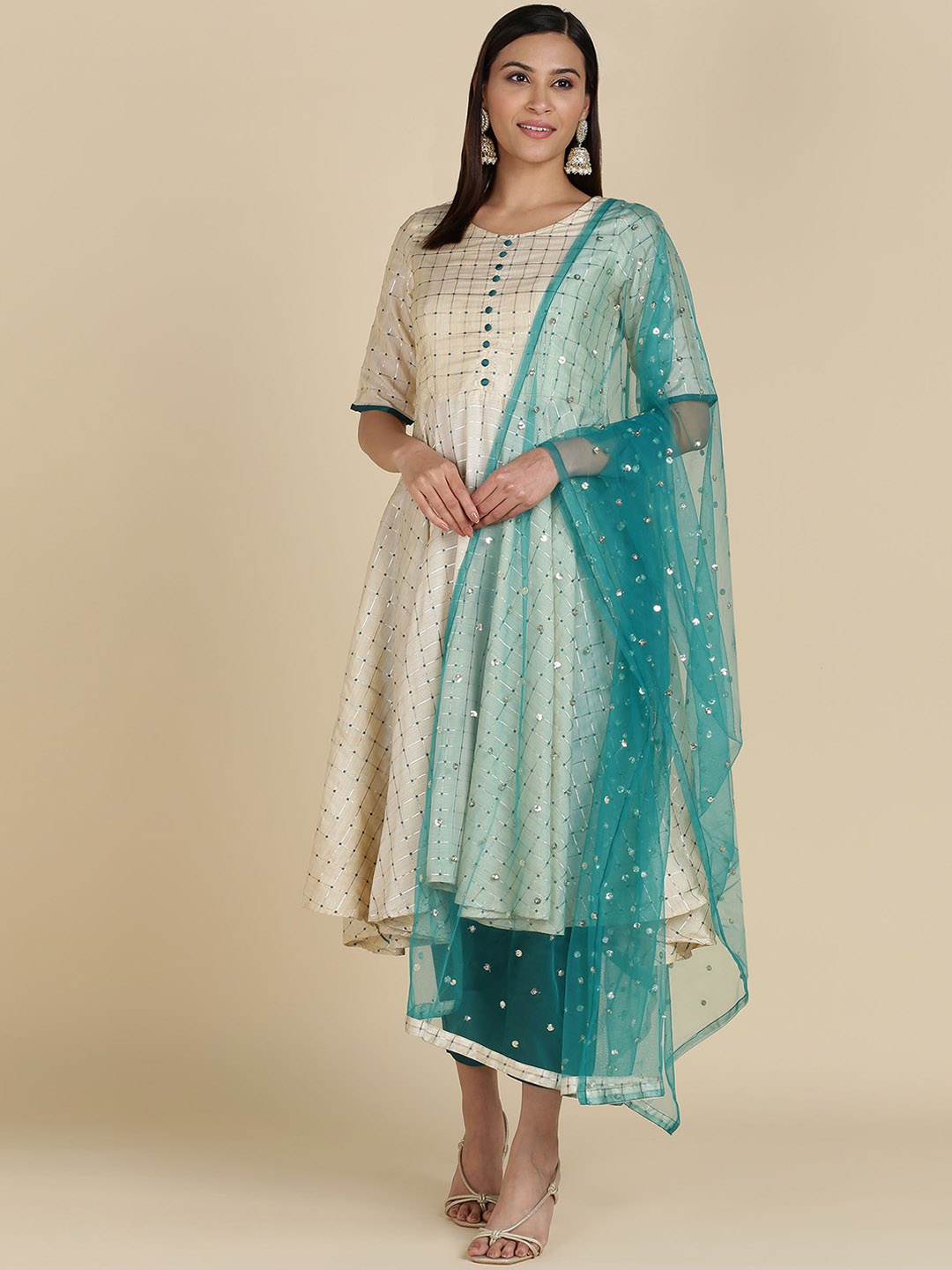 

ANGITA Checked Embroidered Round Neck Straight Kurta with Trousers & With Dupatta, Beige