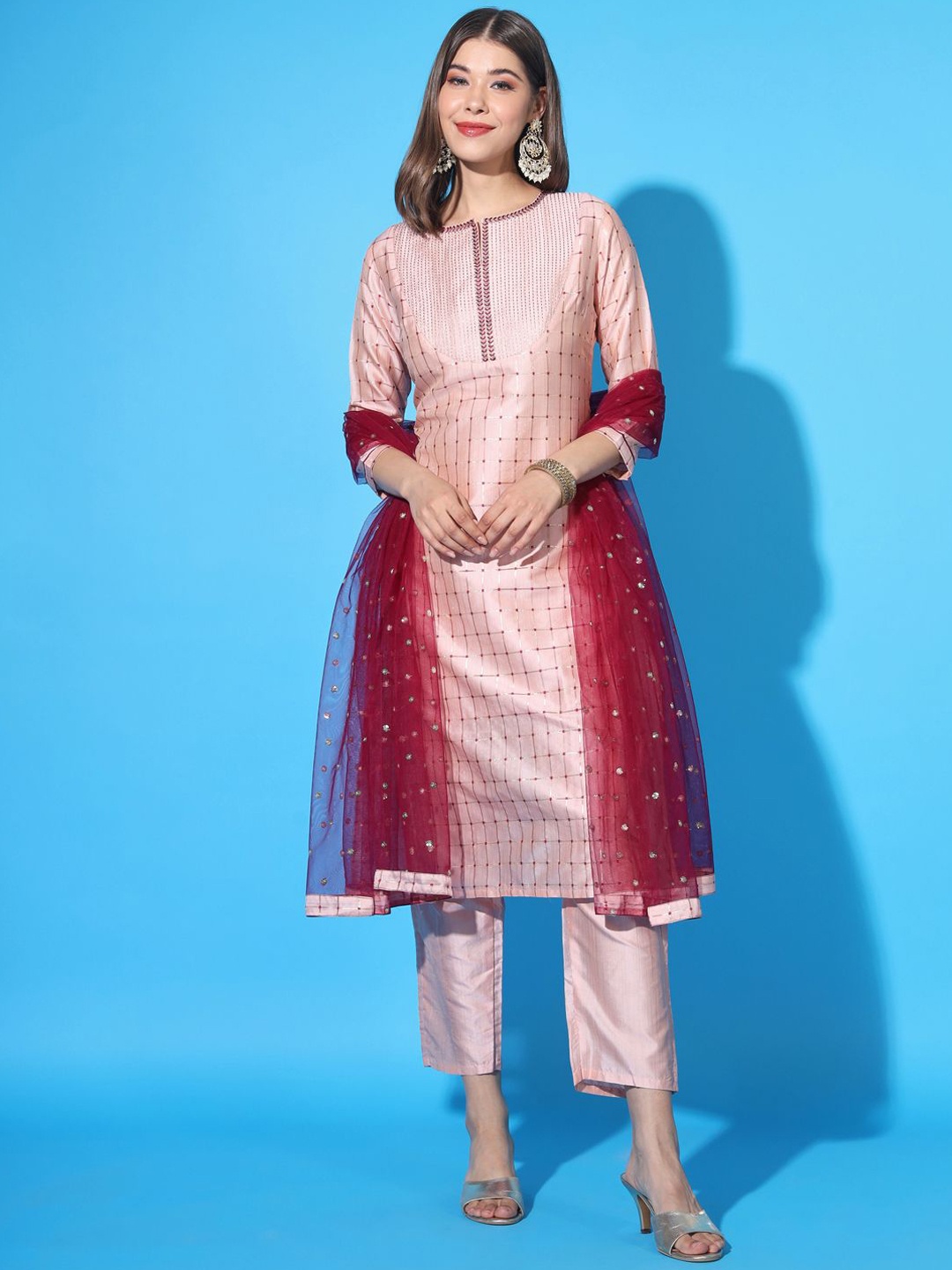 

ANGITA Checked Round Neck Sequinned Kurta with Trousers & Dupatta, Pink