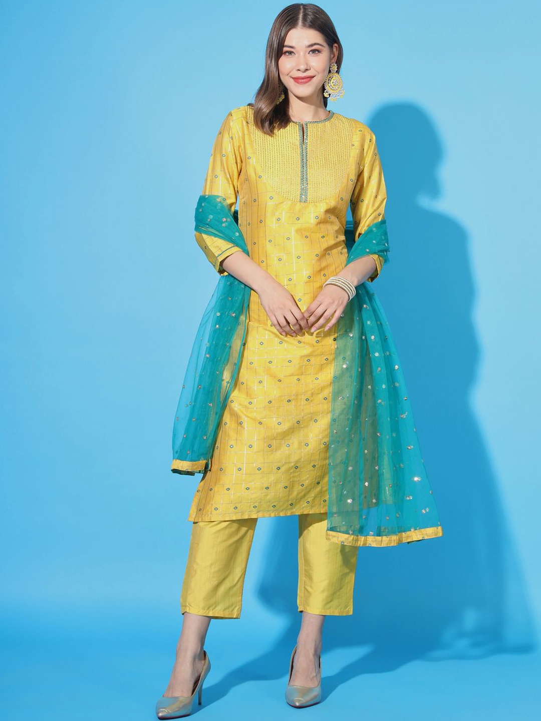 

ANGITA Embroidered Round Neck Thread Work Kurta with Trousers & Dupatta, Mustard