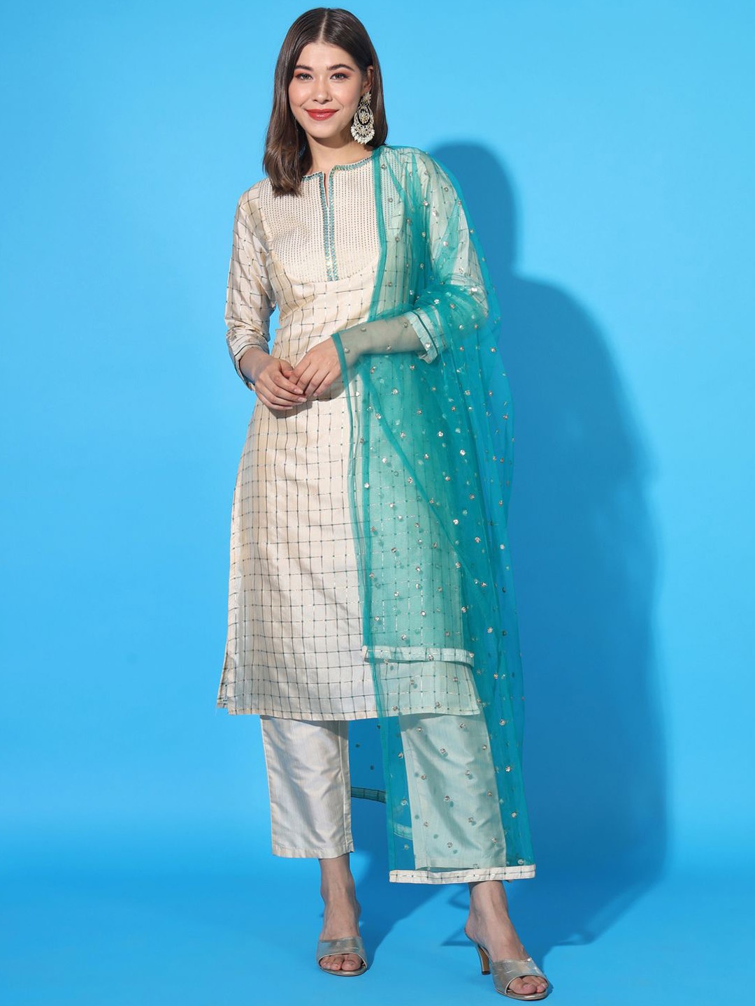 

ANGITA Checked Round Neck Regular Thread Work Straight Kurta With Trousers & Dupatta, Beige