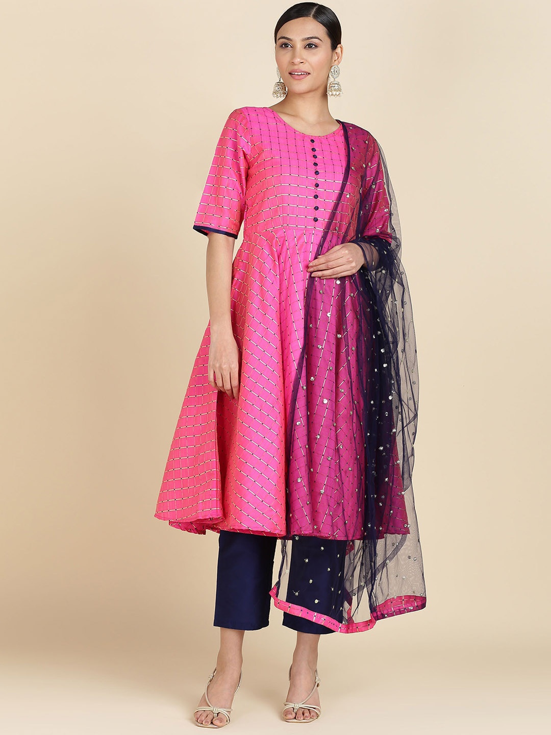 

ANGITA Checked Round Neck Sequinned Kurta with Trousers & Dupatta, Magenta