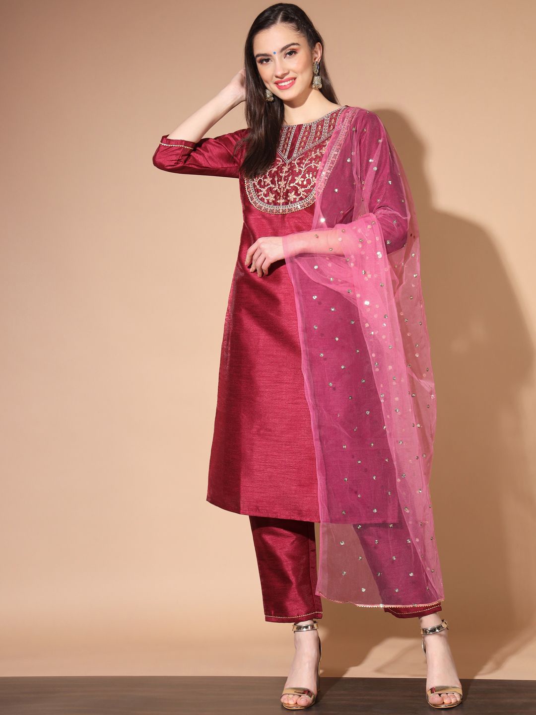 

ANGITA Ethnic Motifs Embroidered Thread Work Kurta with Trousers & Dupatta, Burgundy