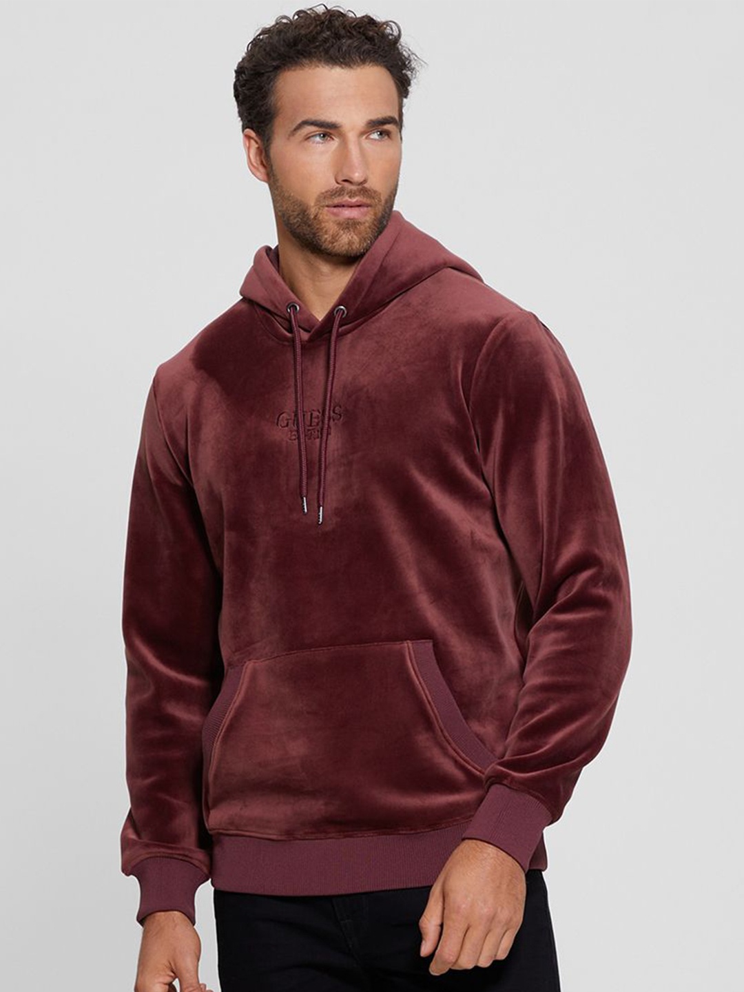 

GUESS Unisex Printed Hooded Sweatshirt, Burgundy