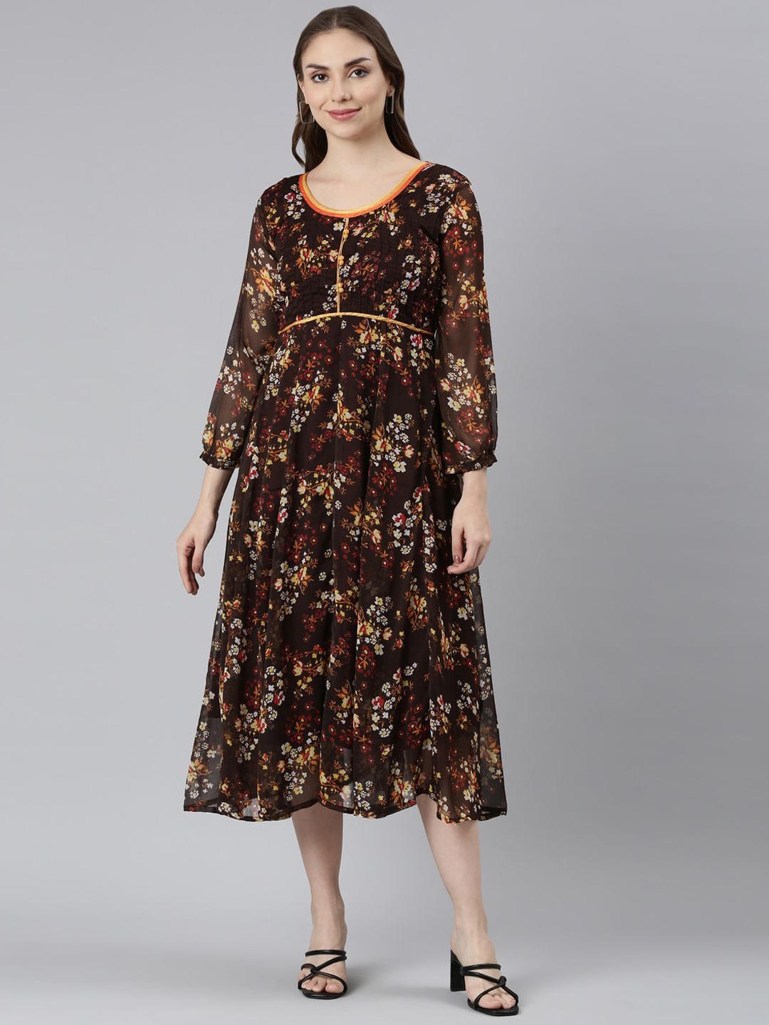 

Souchii Printed Round Neck Midi Ethnic Dresses, Brown