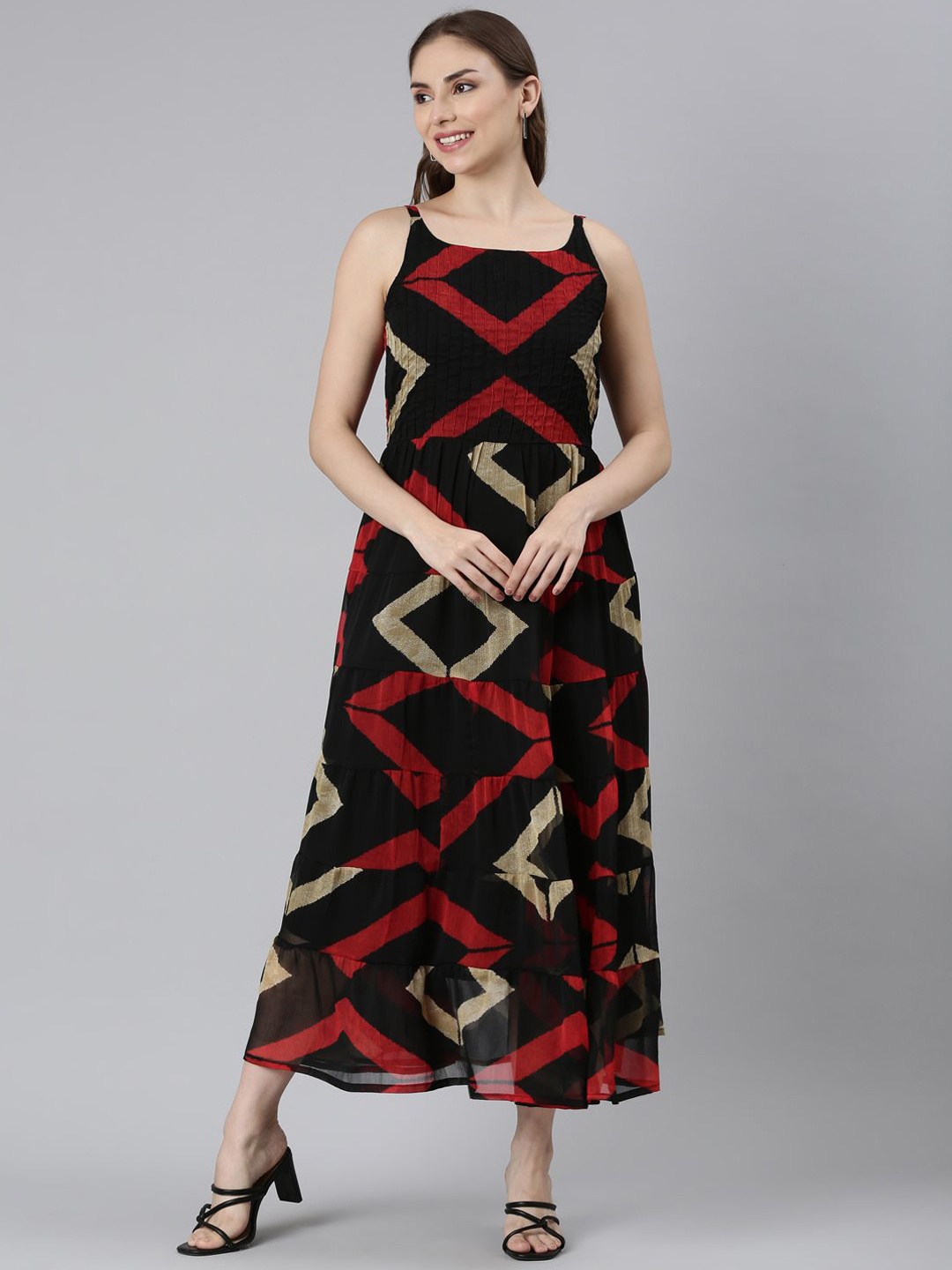 

Souchii Printed Fit & Flared Maxi Ethnic Dress, Black