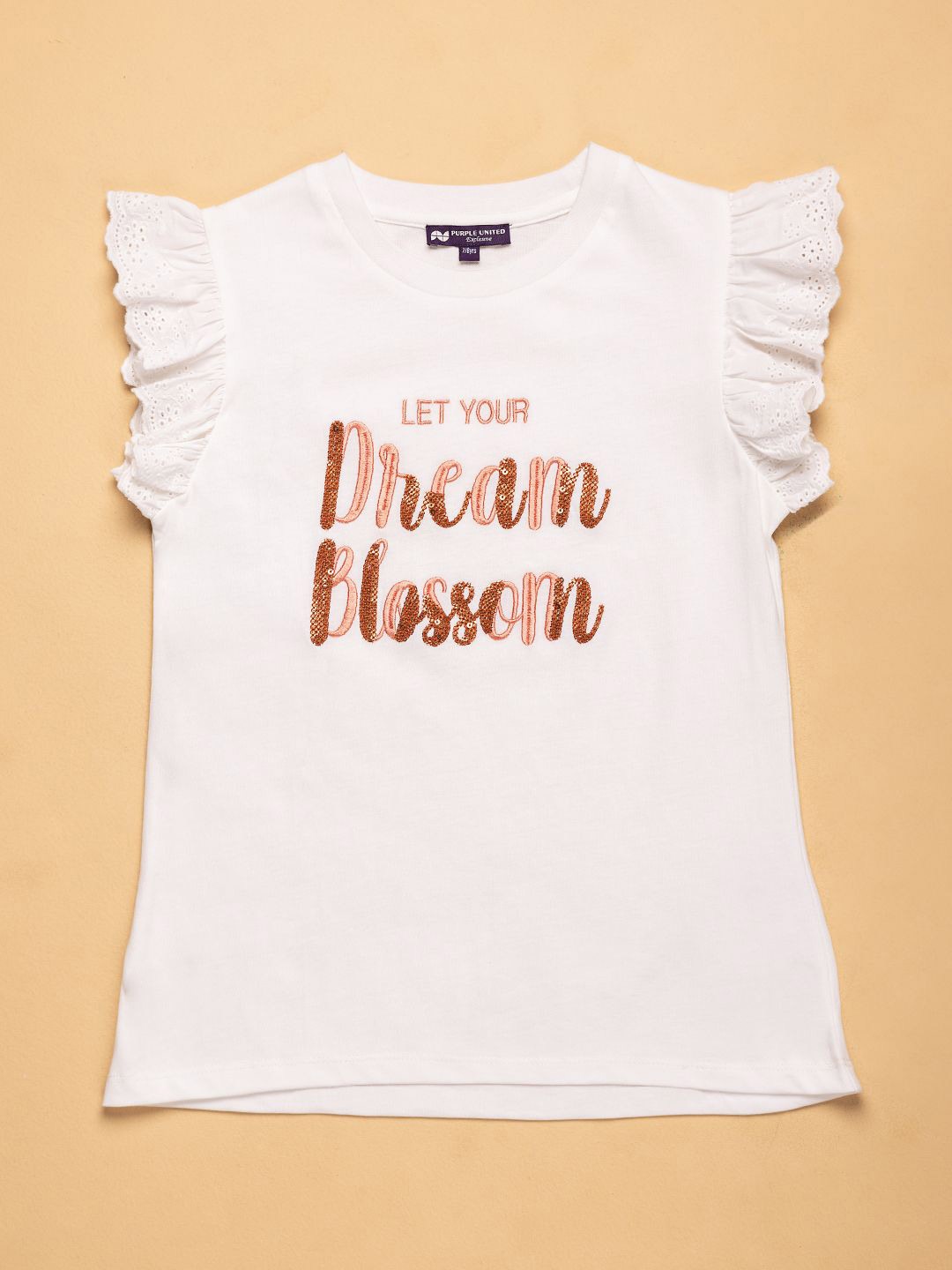 

Purple United Kids Girls Typography Embroidered T-shirt, Off white