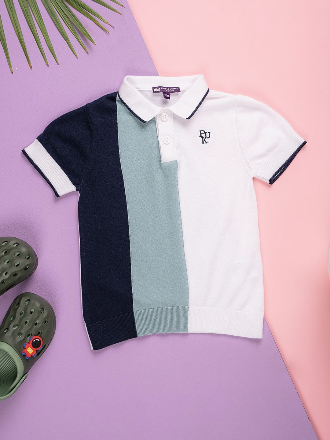 

Purple United Kids Boys Colourblocked Polo Collar T-shirt, White
