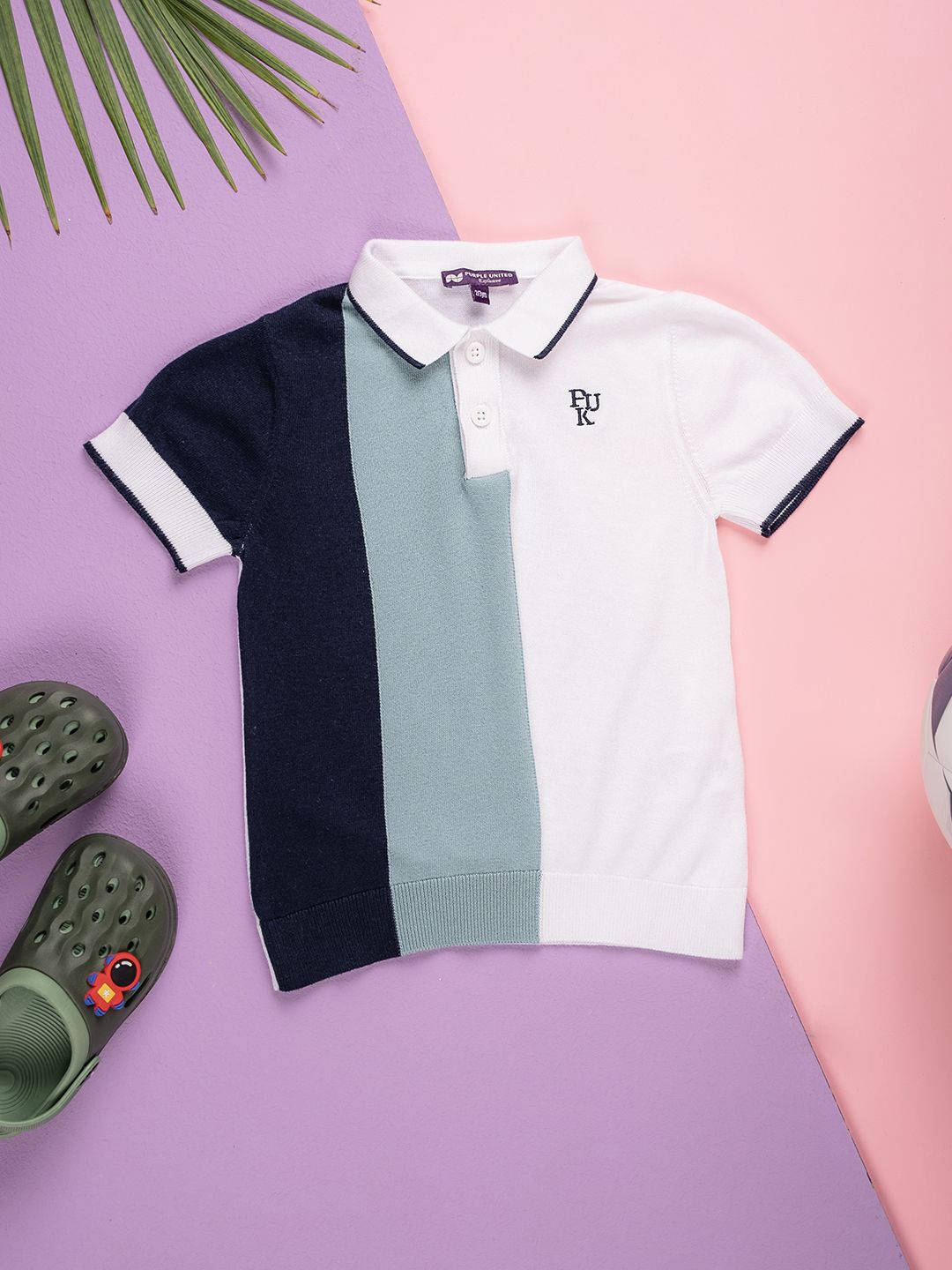 

Purple United Kids Boys Colourblocked Polo Collar T-shirt, White