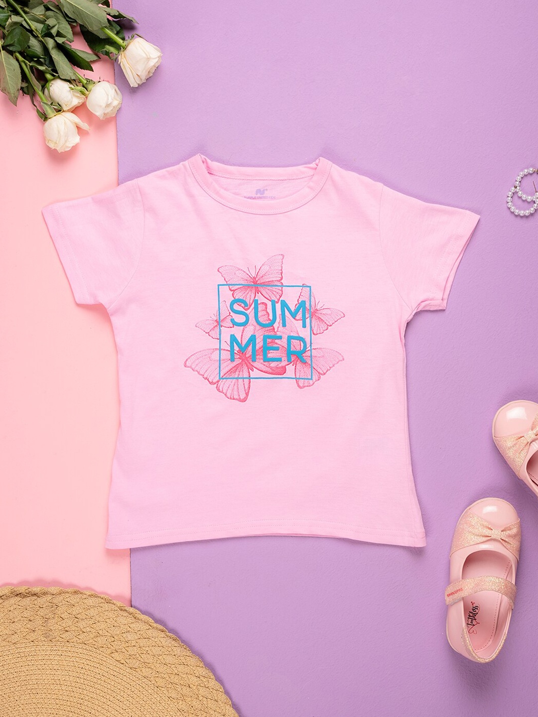 

Purple United Girls Typography Printed T-shirt, Pink