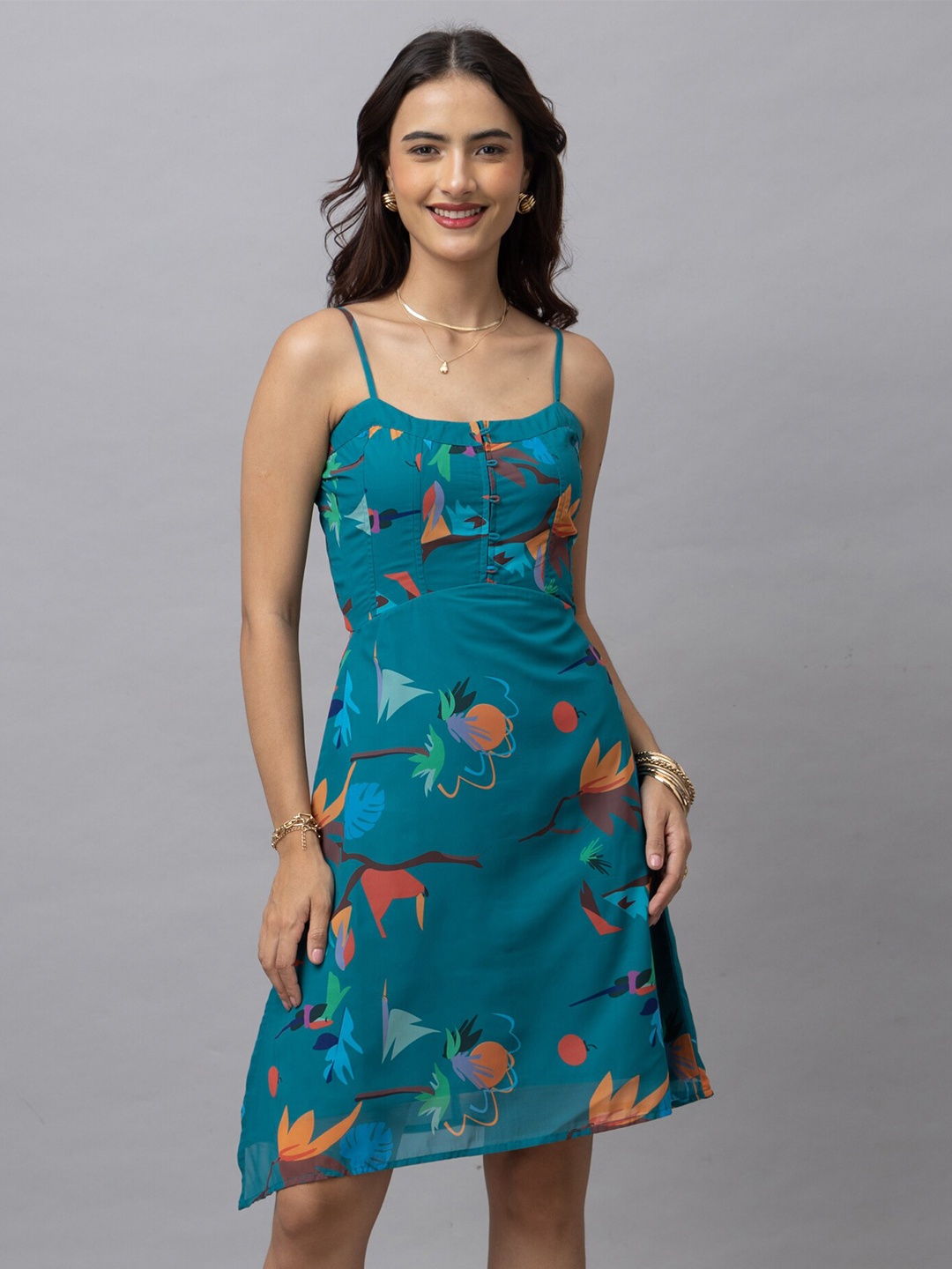 

HAUTEQUE Graphic Printed Shoulder Straps Sheath Dress, Teal