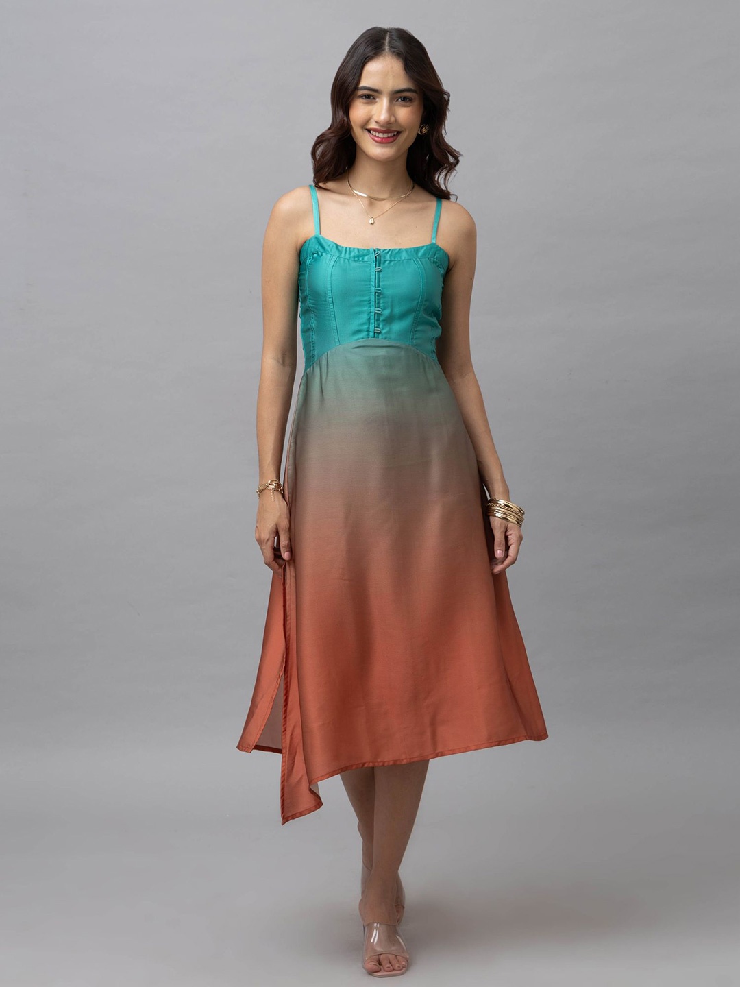 

HAUTEQUE Women Ombre Tie and Dye Shoulder Straps A-Line Midi Dress, Copper