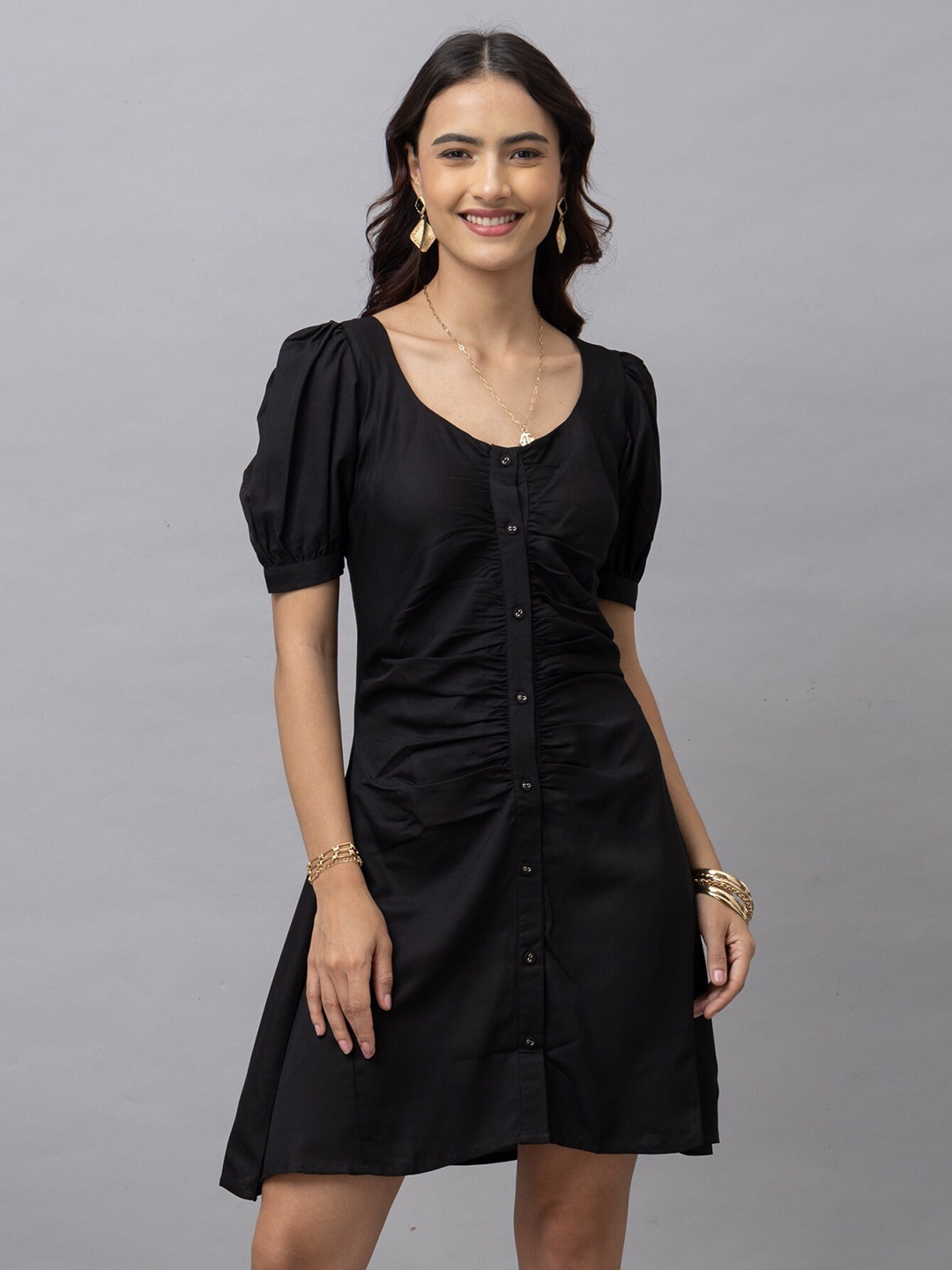 

HAUTEQUE Women Round Neck Puff Sleeve Gathered Detailed A-Line Dress, Black