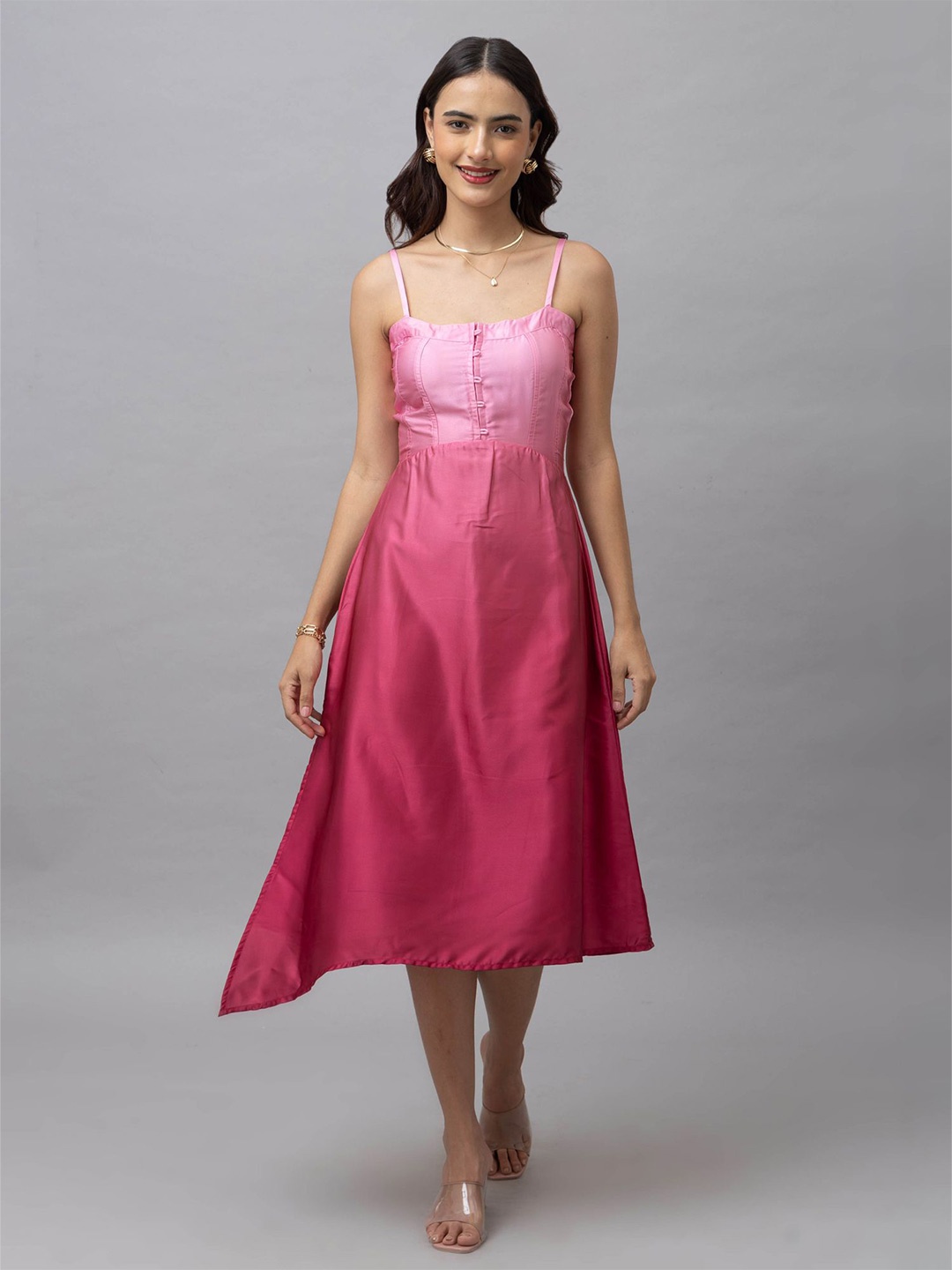 

HAUTEQUE Ombre Tie and Dye Shoulder Straps A-Line Midi Dress, Pink