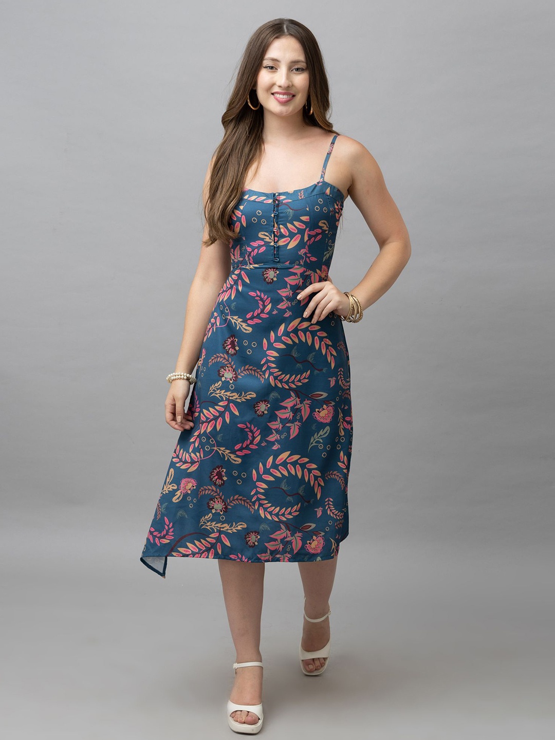 

HAUTEQUE Tropical Printed Shoulder Straps A-Line Midi Dress, Blue
