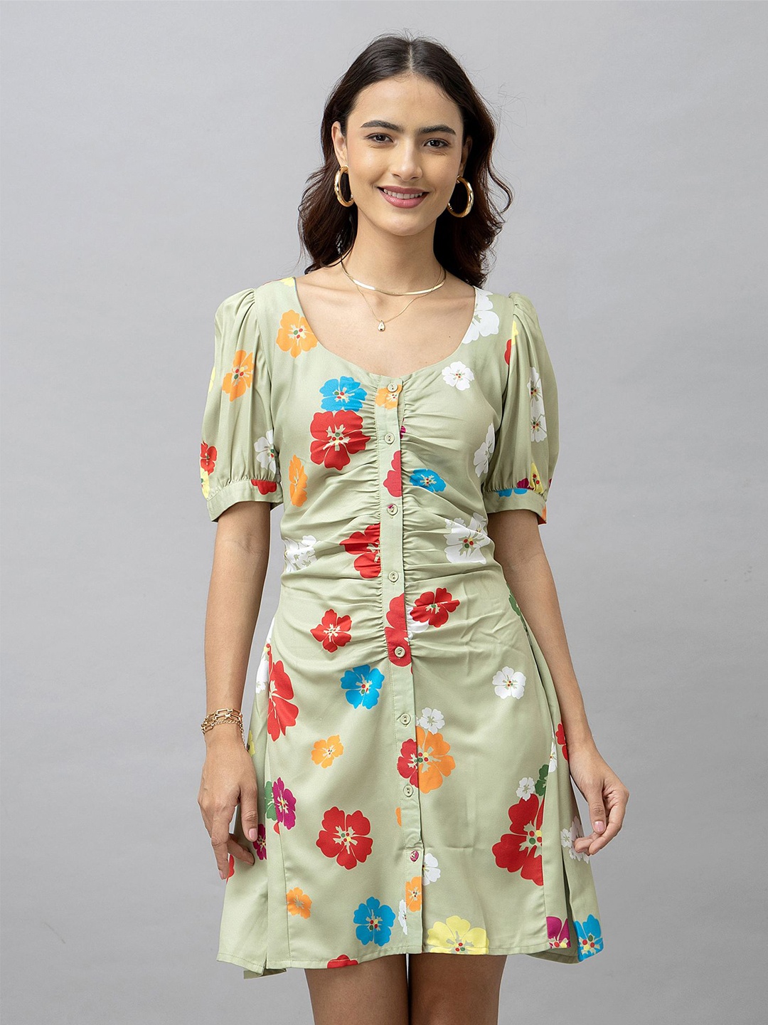 

HAUTEQUE Floral Printed Round Neck Puff Sleeve A-Line Mini Dress, Olive