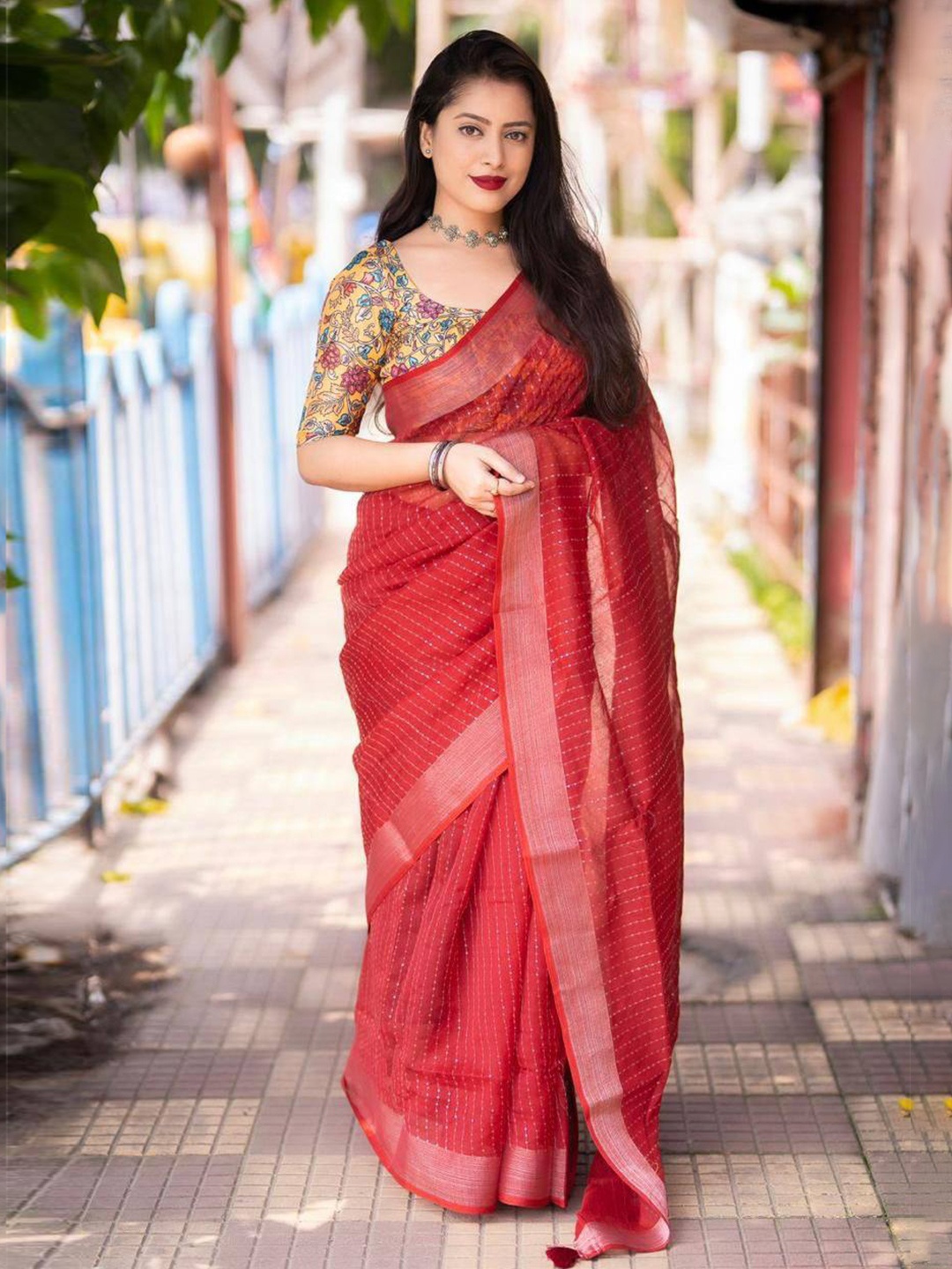

Jinal & Jinal Striped Pure Cotton Chanderi Saree, Red