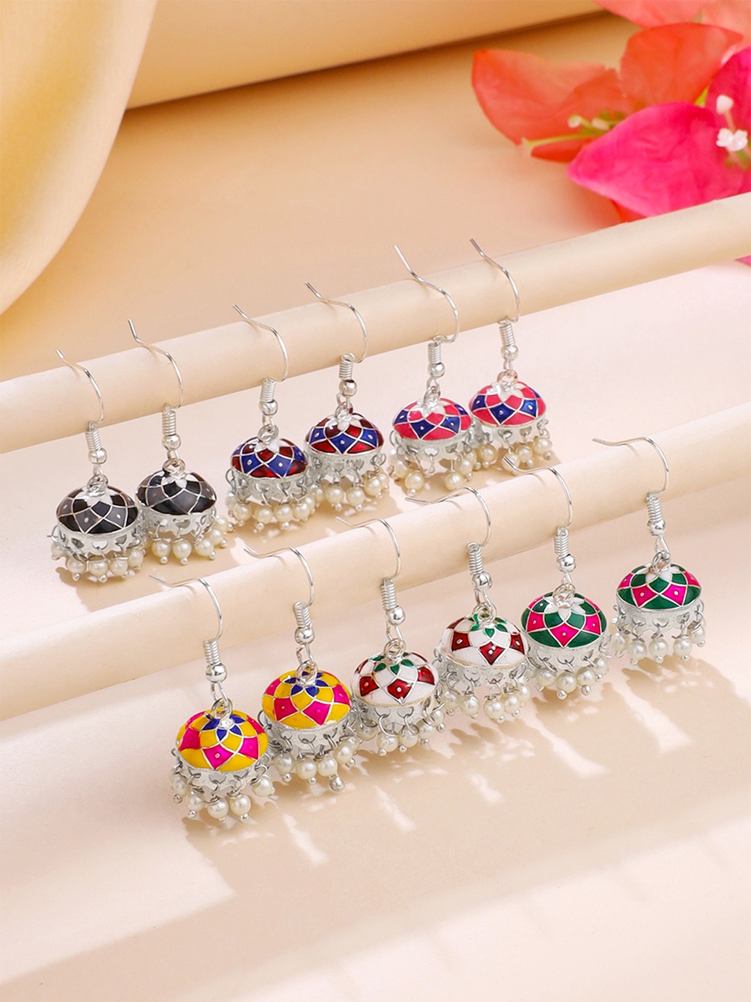 

Yellow Chimes Set of 6 Silver-Plated Stone Studded & Beaded Jhumkas