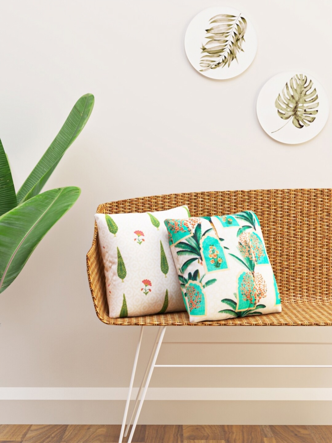 

HAPPY HUES White & Green Ethnic Motifs Square Cushion Covers