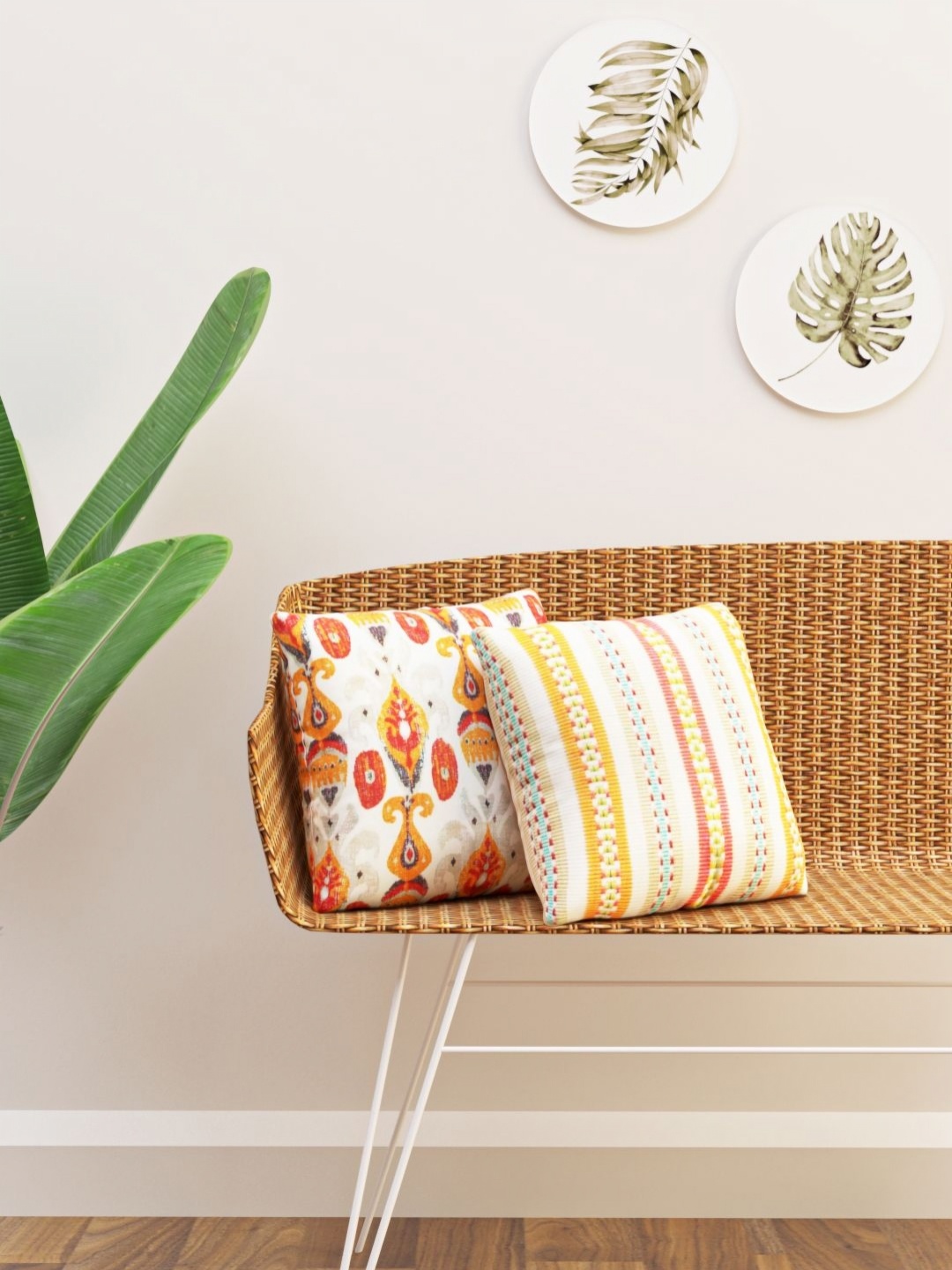 

HAPPY HUES White & Orange 2 Pieces Ethnic Motifs Square Cushion Covers