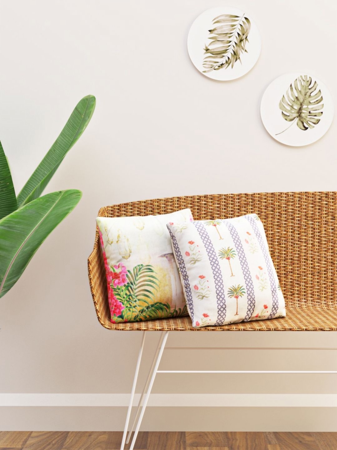 

HAPPY HUES White & Green 2 Pieces Floral Printed Square Cushion Covers