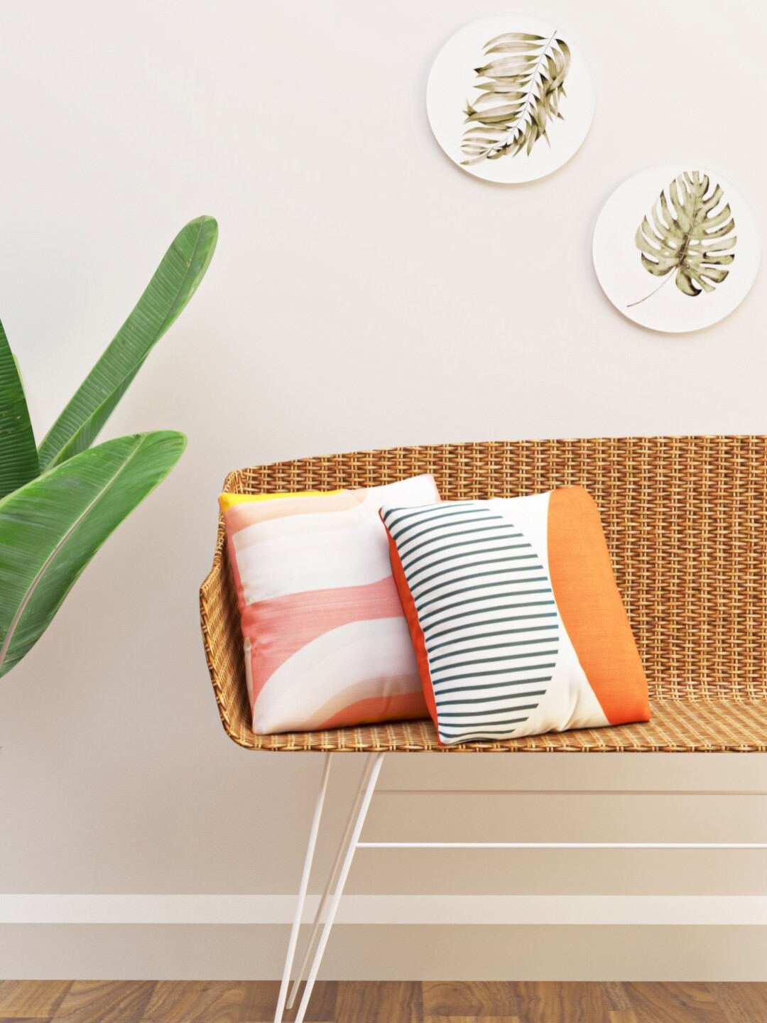

HAPPY HUES White & Orange 2 Pieces Geometric Square Cushion Covers