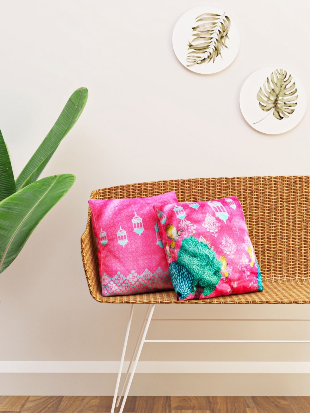 

HAPPY HUES Pink & Green 2 Pieces Ethnic Motifs Square Cushion Covers