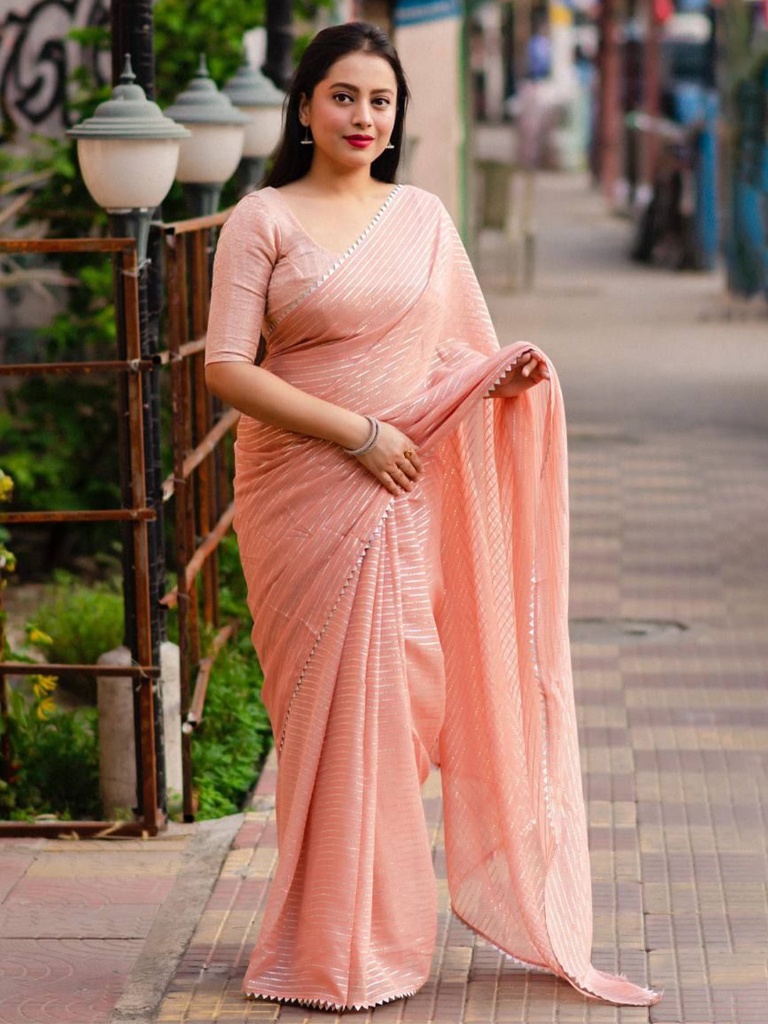 

Jinal & Jinal Striped Saree, Peach