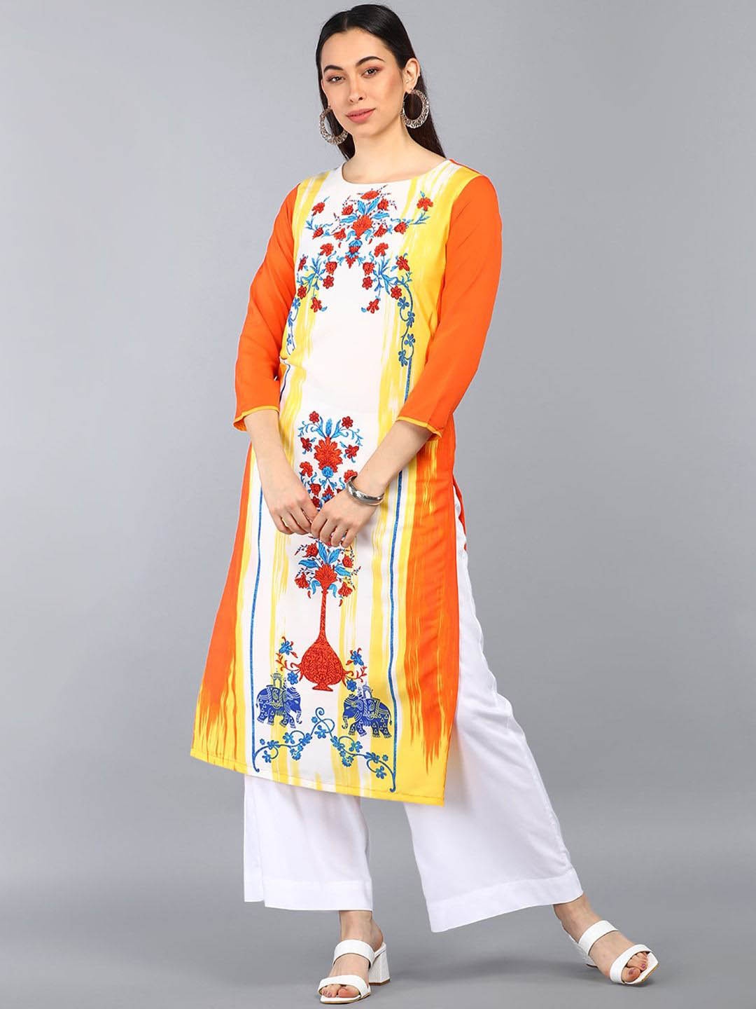 

KALINI Floral Printed Straight Kurta, Orange