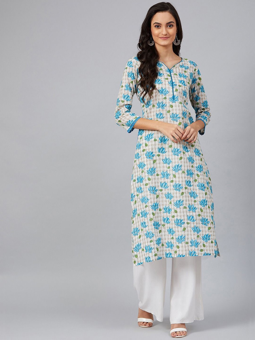 

KALINI Floral Printed V-Neck Cotton Straight Kurta, White