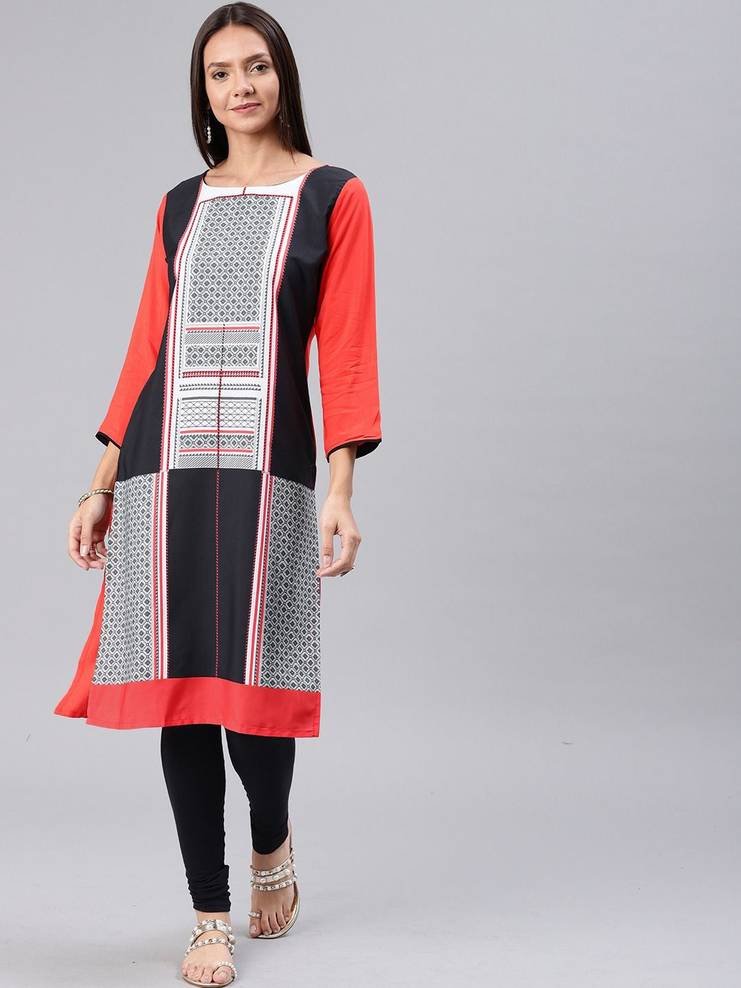 

KALINI Geometric Printed Straight Kurta, Black
