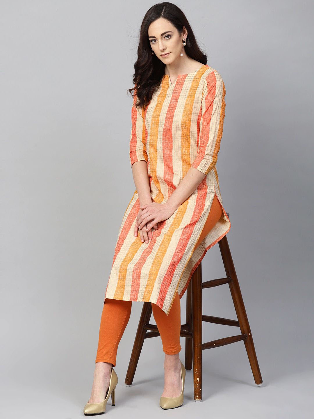 

KALINI Notch Neck Striped Cotton Kurta, Orange