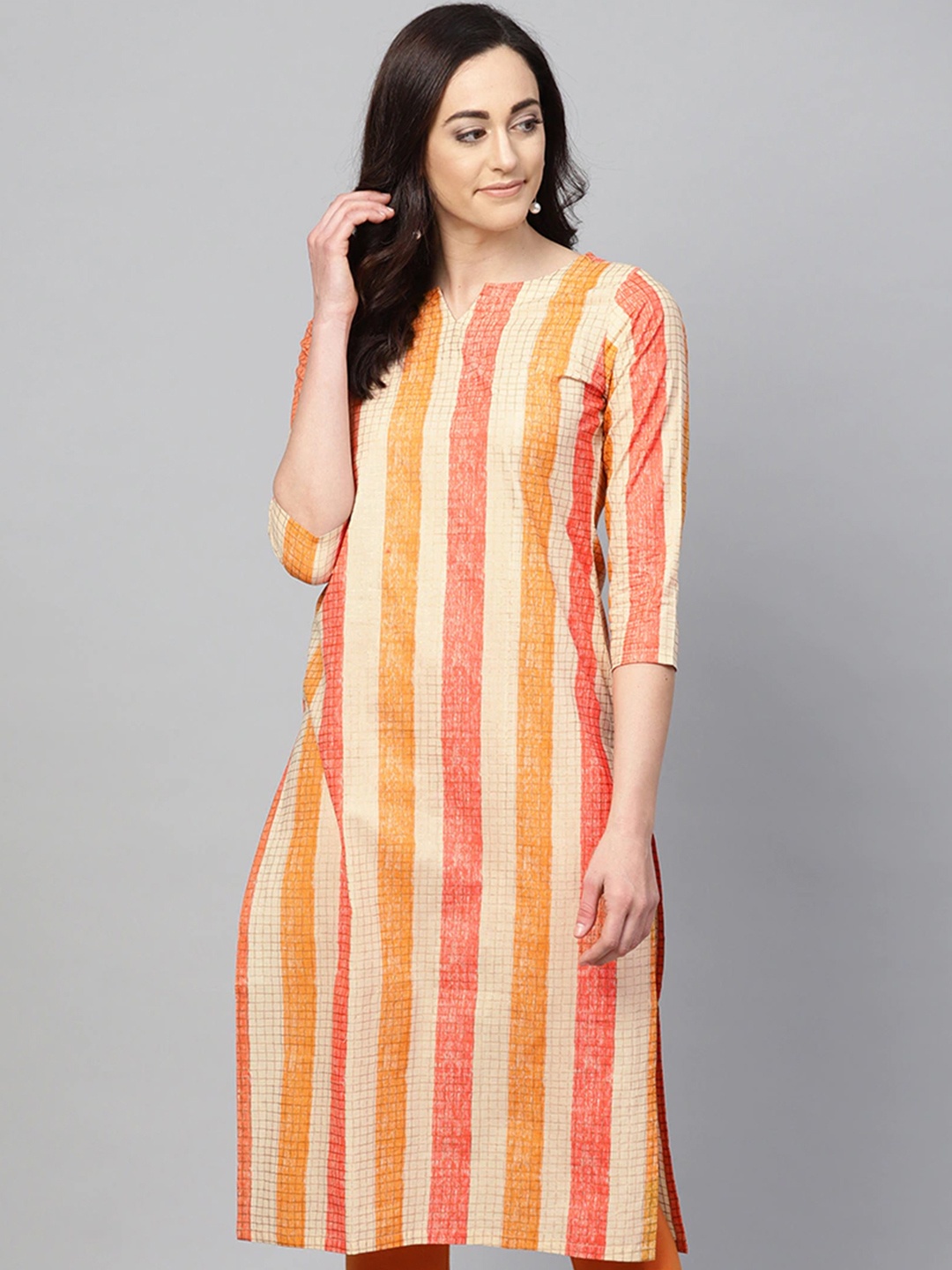 

KALINI Notch Neck Striped Cotton Kurta, Orange