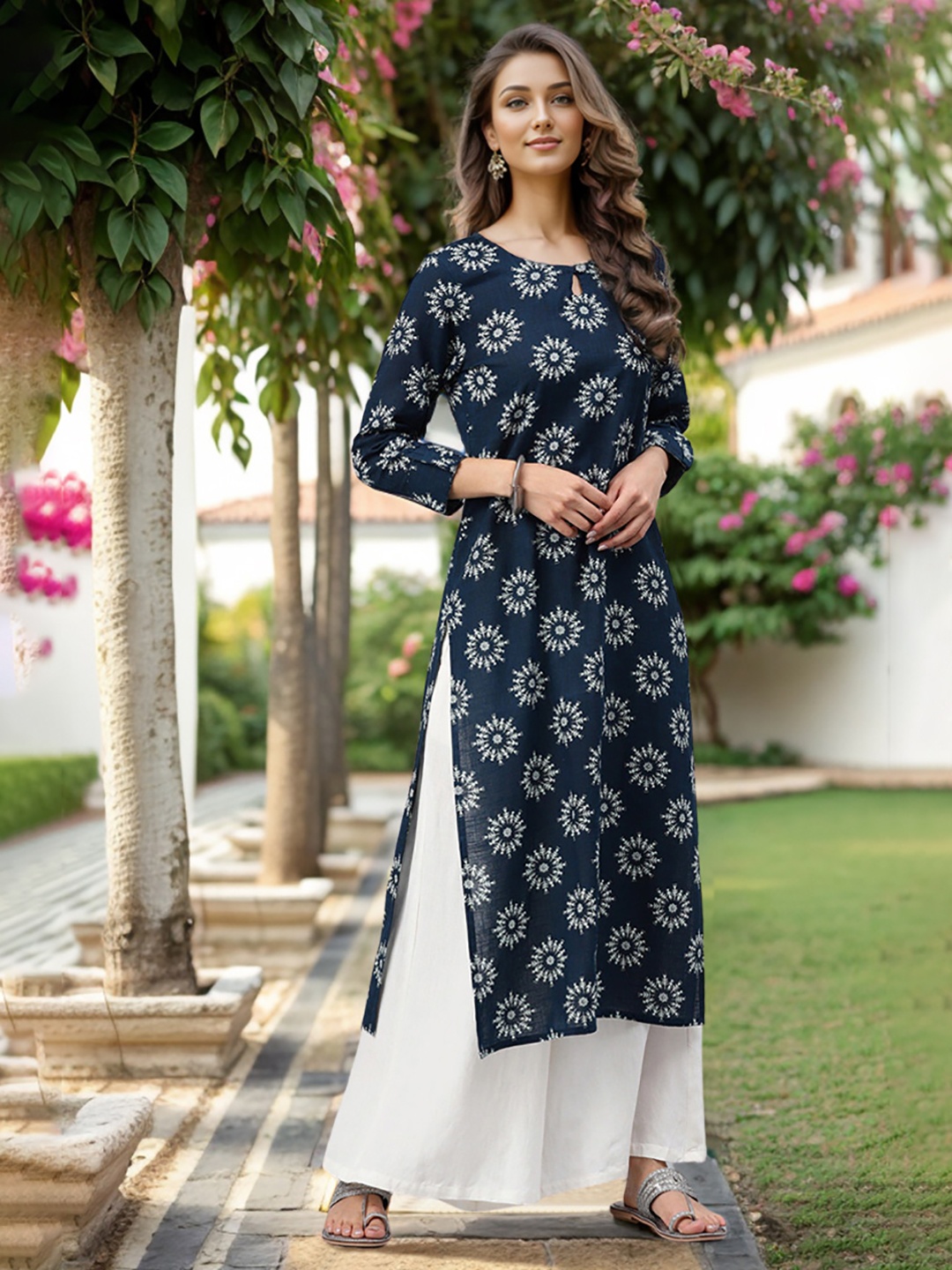 

KALINI Floral Printed Keyhole Neck Cotton Straight Kurta, Navy blue