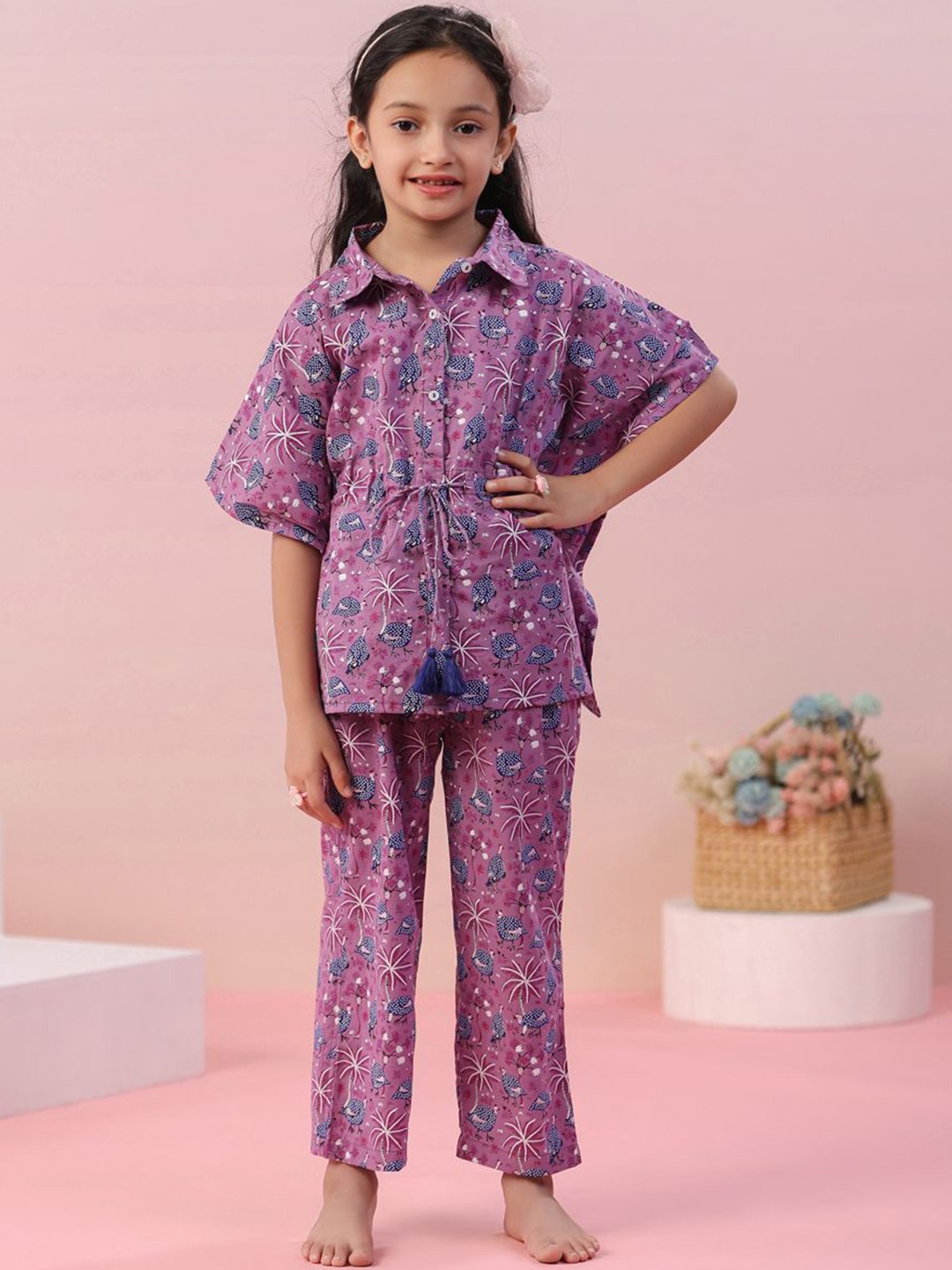 

SANSKRUTIHOMES Girls Floral Printed Pure Cotton Night suit, Purple