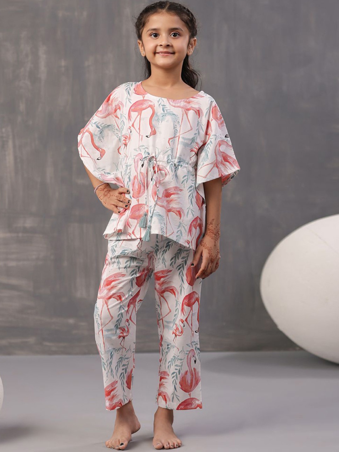 

SANSKRUTIHOMES Girls Printed Pure Cotton Kaftan With Pyjamas, White