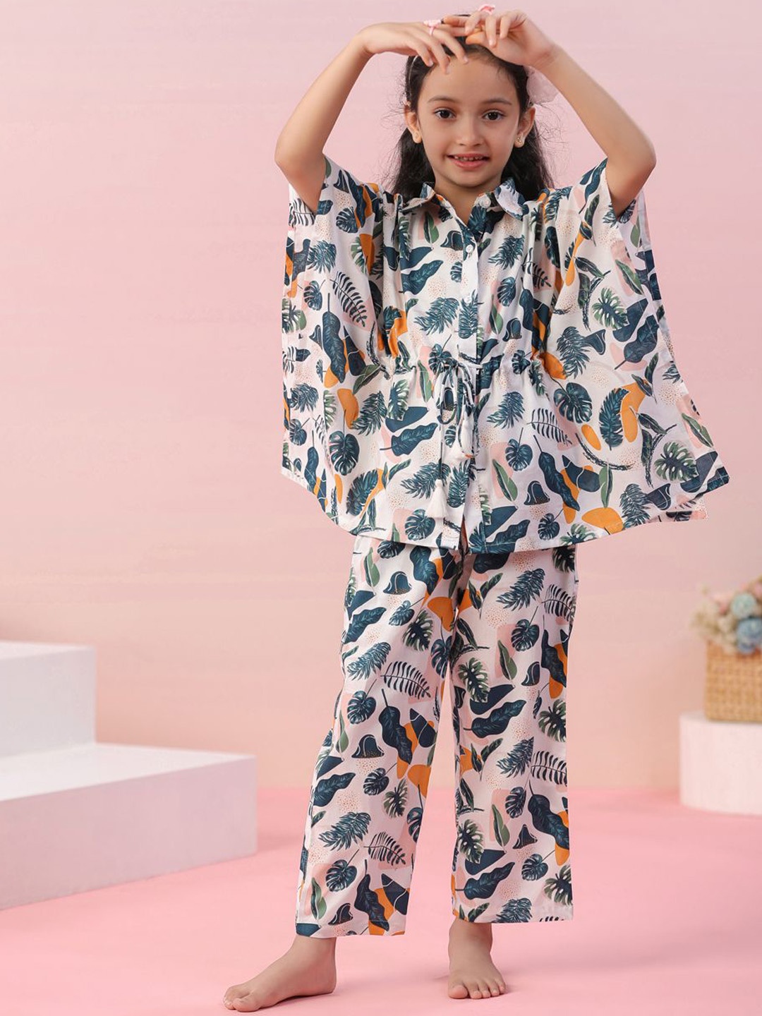 

SANSKRUTIHOMES Girls Printed Pure Cotton Kaftan With Pyjamas, White