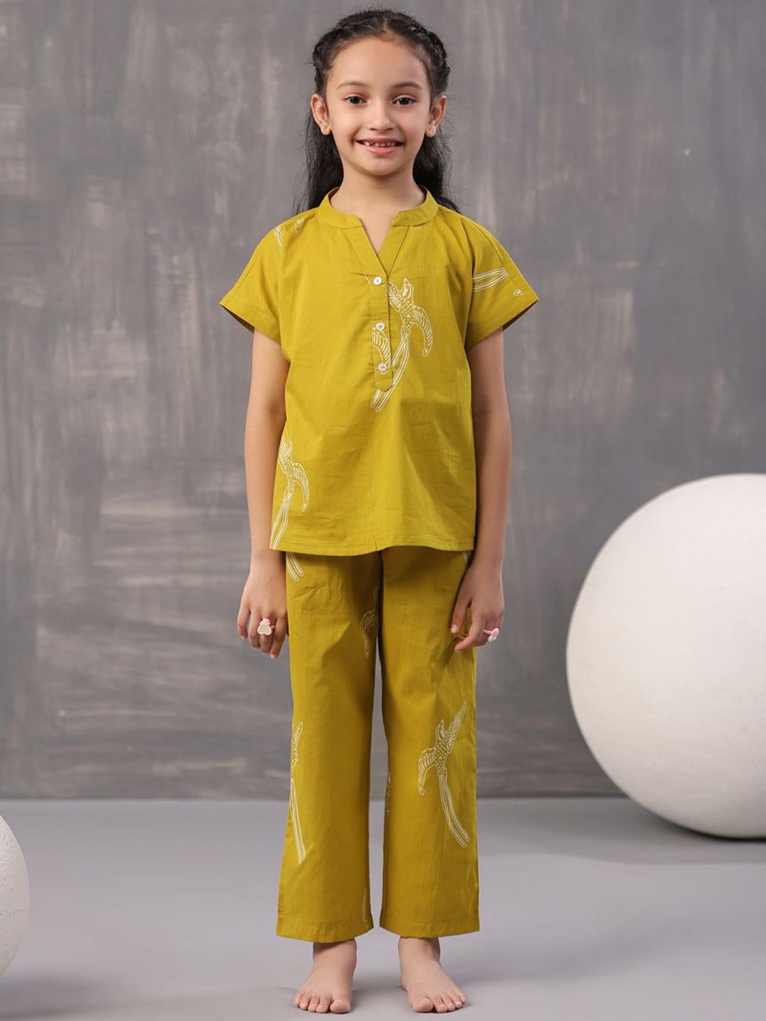 

SANSKRUTIHOMES Girls Printed Pure Cotton Top With Pyjamas, Mustard